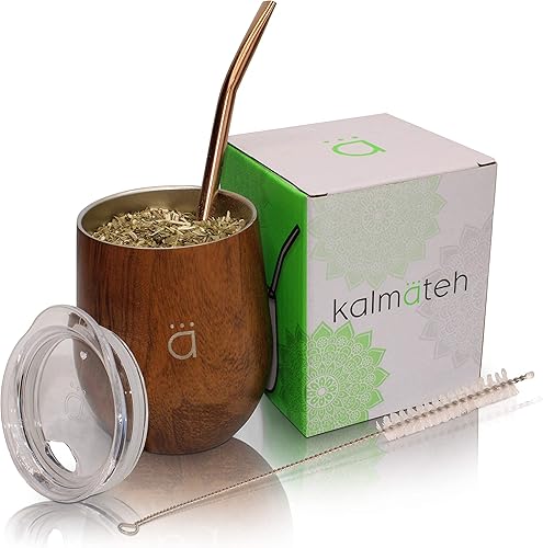 Kalmateh Yerba Mate - Calabaza de doble pared de acero inoxidable con tapa sin BPA, filtro de bombilla y limpiador de bombilla, madera, 8 onzas