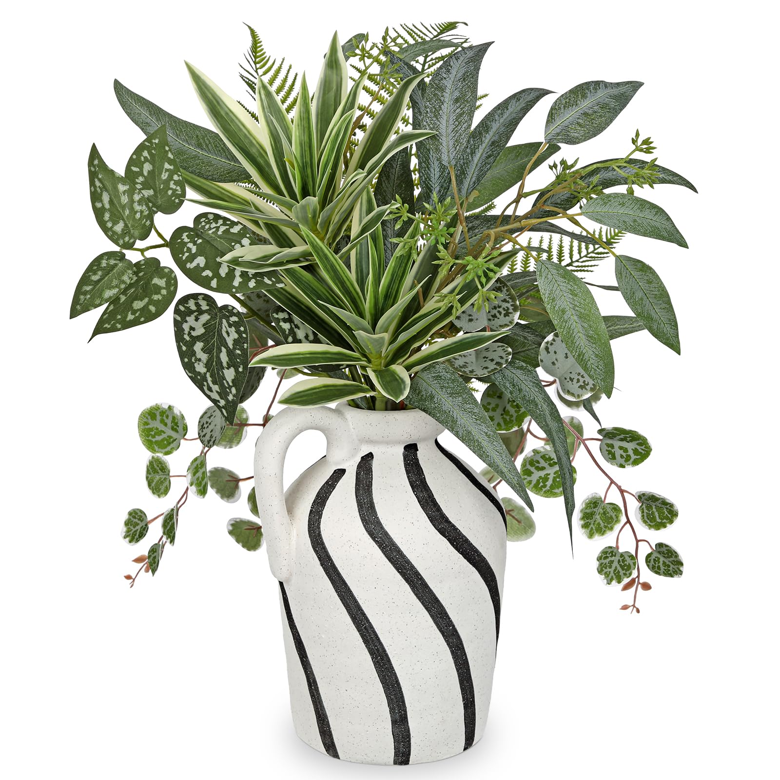 Oairse Artificial Greenery Arrangement with Cement Vase, Fake Potted Plants in Rustic Jug Planter, Faux Leaf Bouquet for Table Centerpiece, Farmhouse Home Office Decor, Living Room, Shelf Decoration