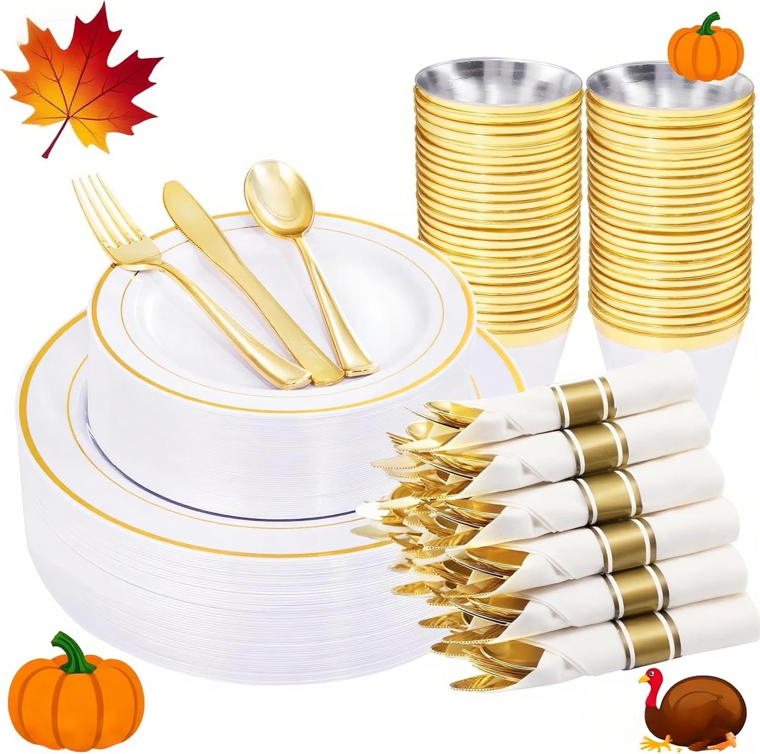 WELLIFE 210 Piece Gold Plastic Dinnerware Set, Include: 30 Dinner Plates, 30 Dessert Plates, 30 Pre Rolled Napkins with Silverware and 30 Cups Gold 210PCS?30 Guests?