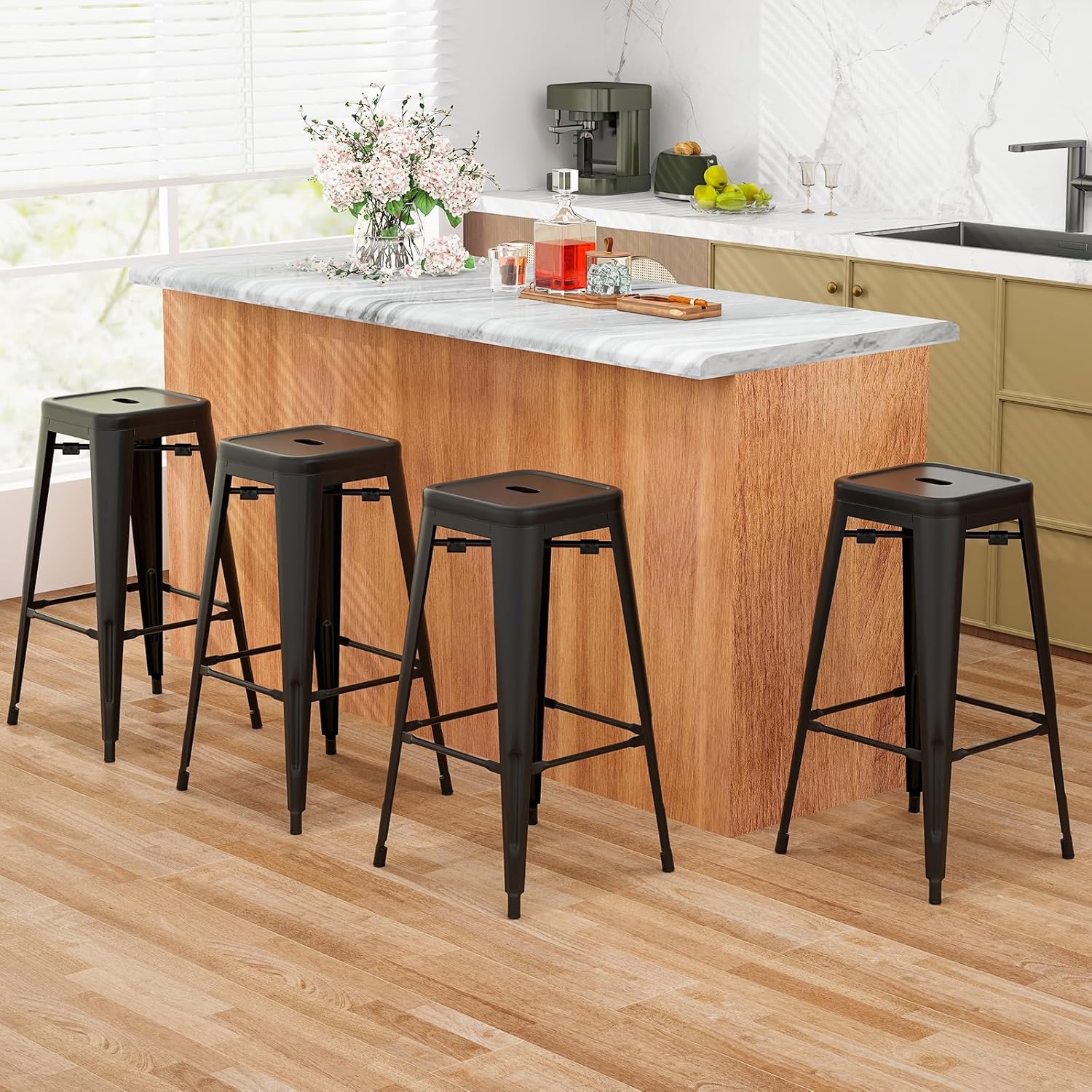 Giantex Metal Backless Bar Stools Set of 4, 30" Bar Height Modern Industrial Barstools w/Cut-Out Handle, Footrest, Rubber Foot Pads, Stackable Bar Dining Chairs for Kitchen Island, Black