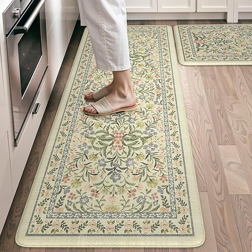 Miniatura 23 de Collive Juego de 2 tapetes de cocina acolchados antifatiga, antideslizantes, impermeables, juego de 2, modernas y florales cómodas para el hogar,