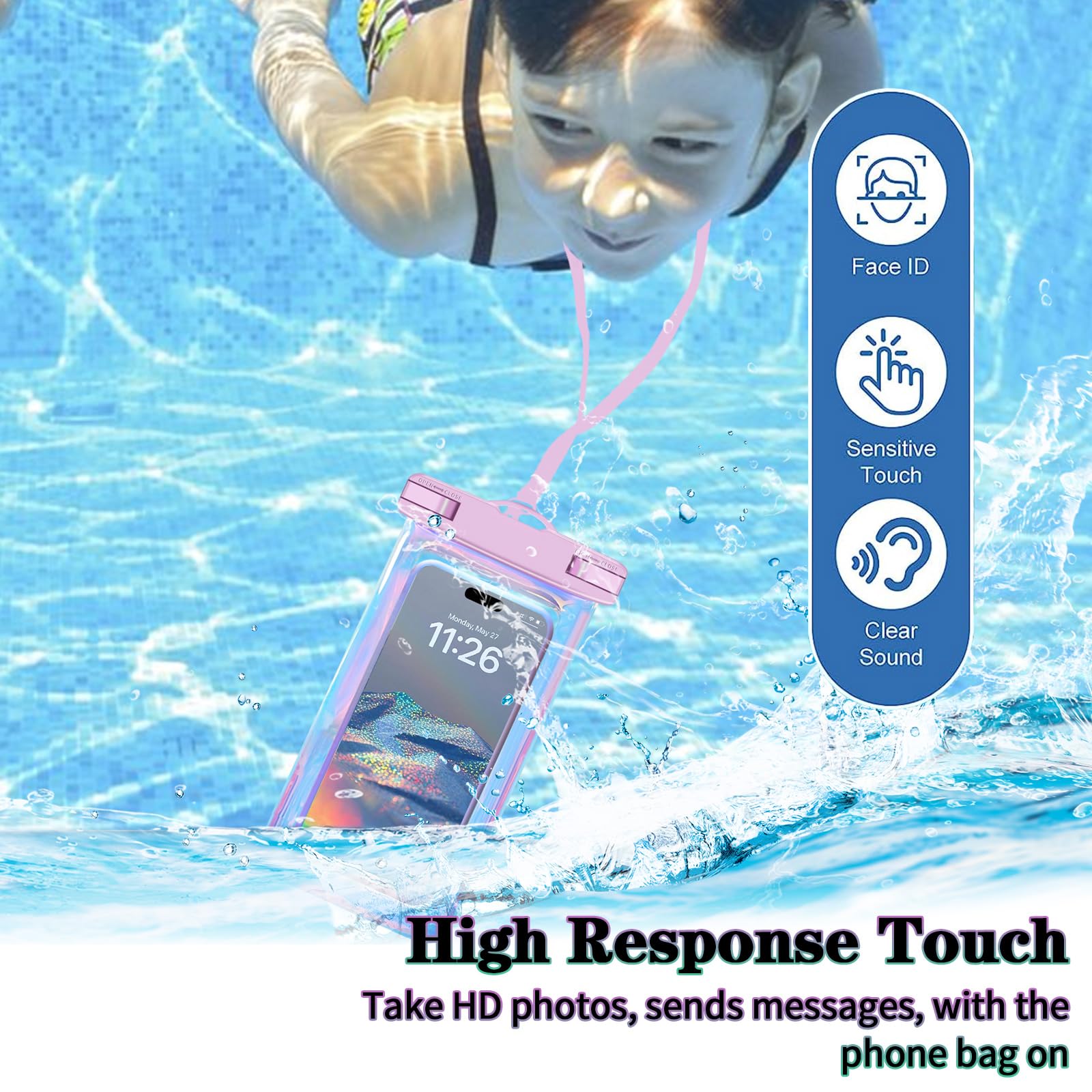Famoby Paquete de 4 bolsas impermeables iridiscentes para teléfono, funda impermeable para teléfono celular, nivel de protección: IP68, crucero por la playa para iPhone, Samsung y más, cordón incluido
