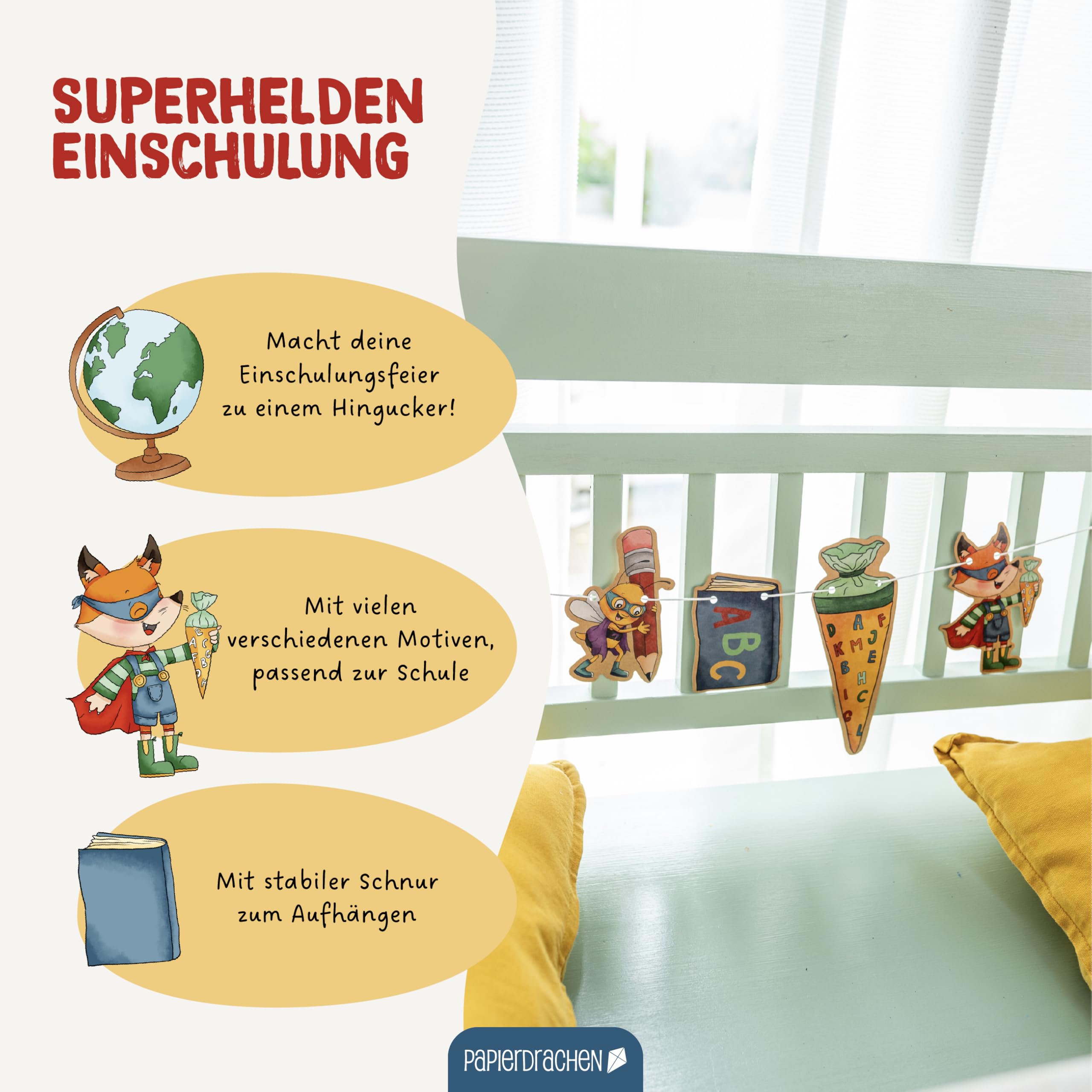 Papierdrachen 10 m Garland for First Day of School - Decoration for Boys and Girls - Alles Gute Zum Schulanfang - Image 4