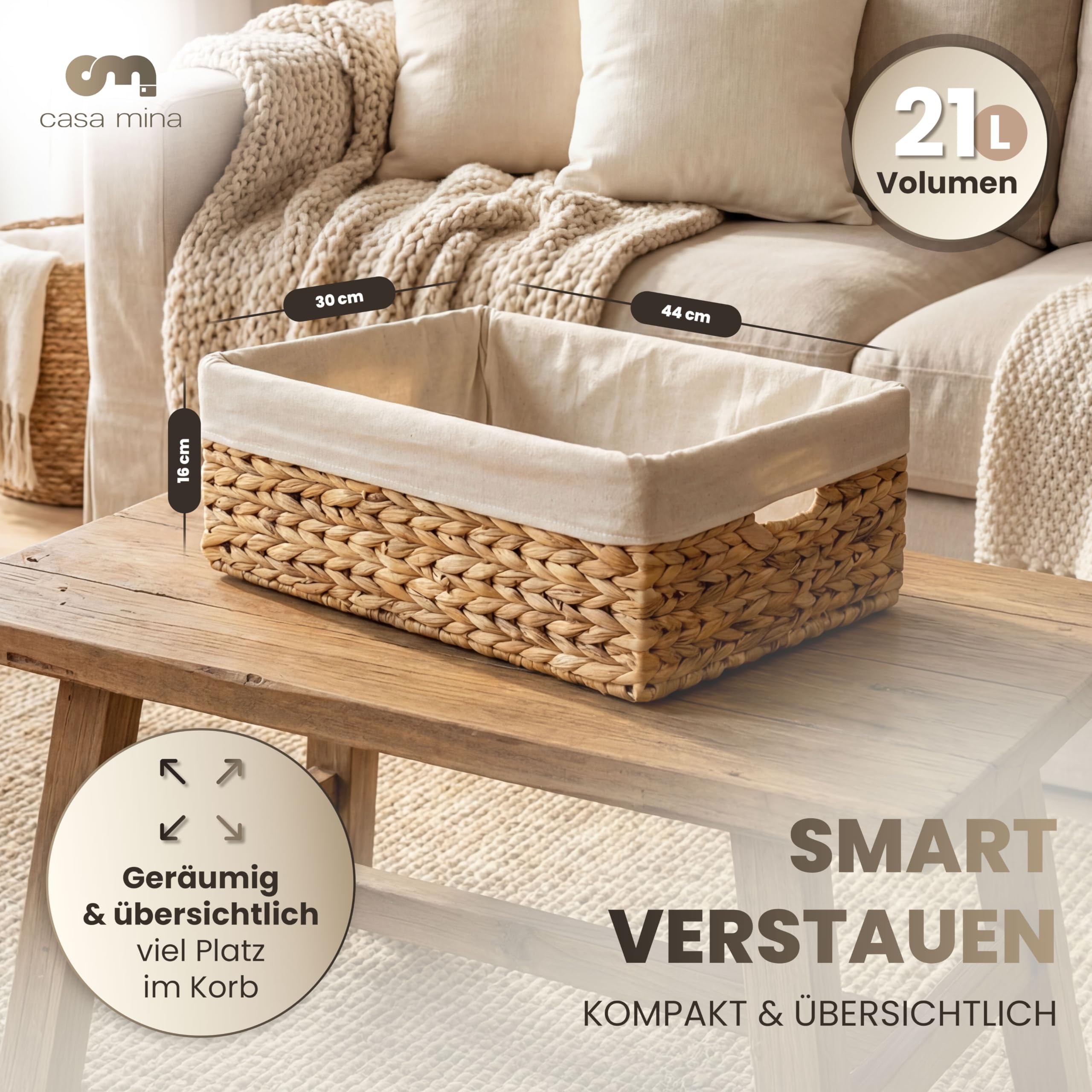 Casa Mina Korb Aufbewahrung L44xW30xH16cm 100% natürlich aus Wasserhyazinthe I Dekorative Körbe Aufbewahrung für jeden Raum I Aufbewahrungskorb mit robustem Metallgestell