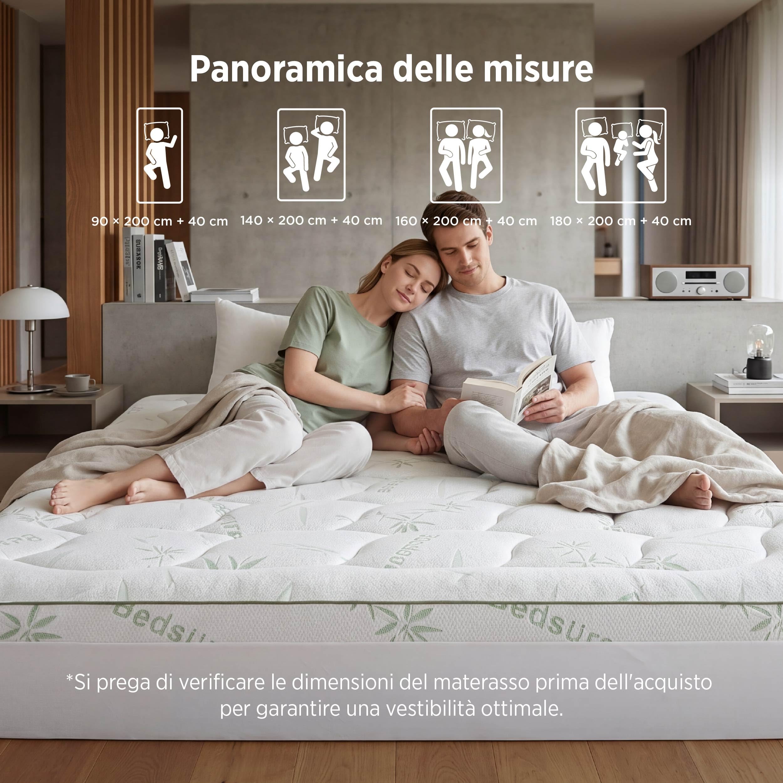 BEDSURE Materasso aggiuntivo in bambù 160x200 - Imbottitura di 40 cm di spessore, rinfrescante, traspirante, antiallergico, allevia il mal di schiena