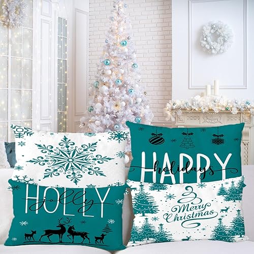 Miniatura 2 de Artmag Juego de 4 fundas de almohada de Navidad de 12 x 20 pulgadas, decoración de casa de campo, feliz día festivo, copos de nieve, decoración de