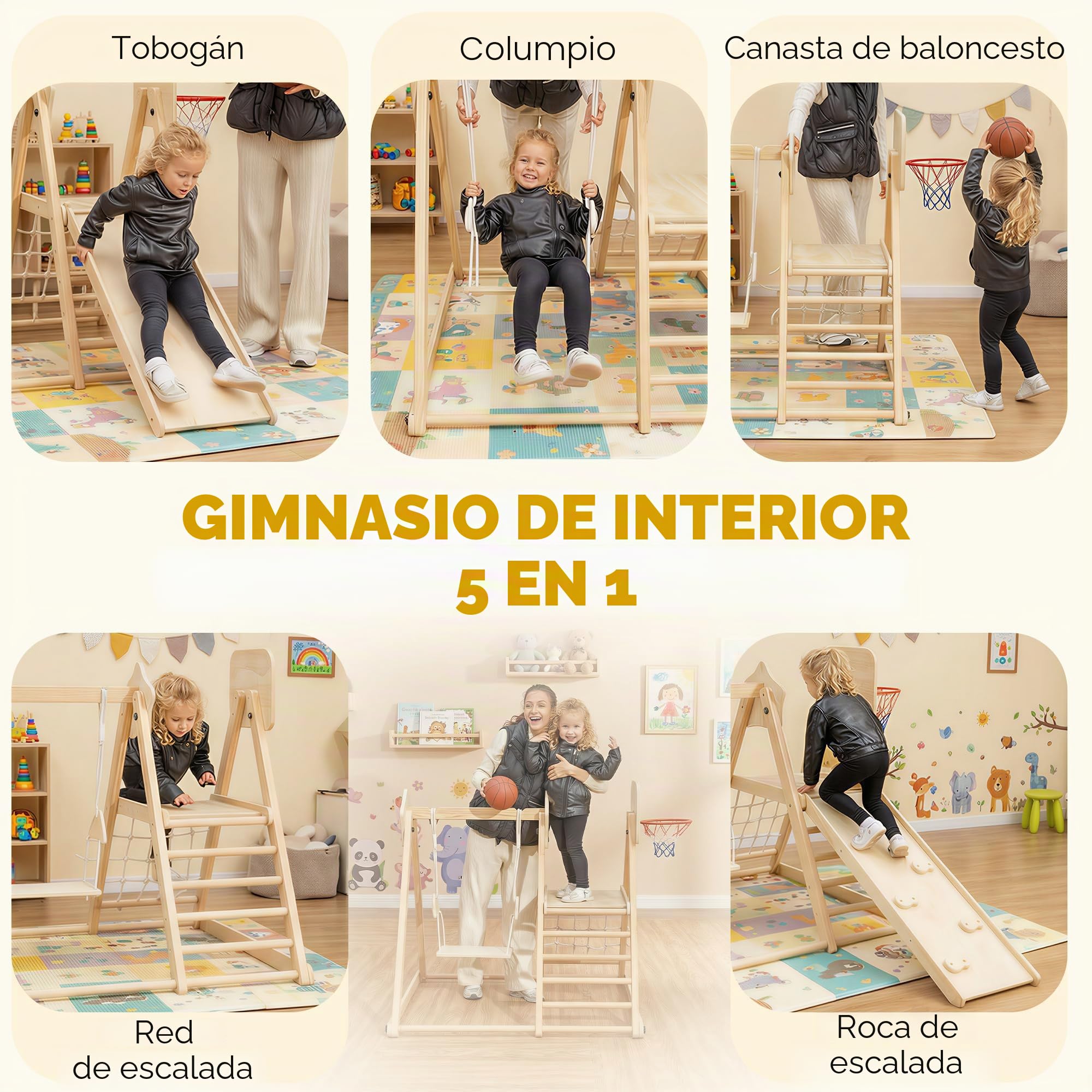 AIYAPLAY Tobogán Infantil 5 en 1, Estructura de Escalada de Madera con Tobogán, Columpio, Aro de Baloncesto, Tabla, Red de Escalada, Parque Plegable para Niños de 3-6 Años, Interior, Exterior, Natural