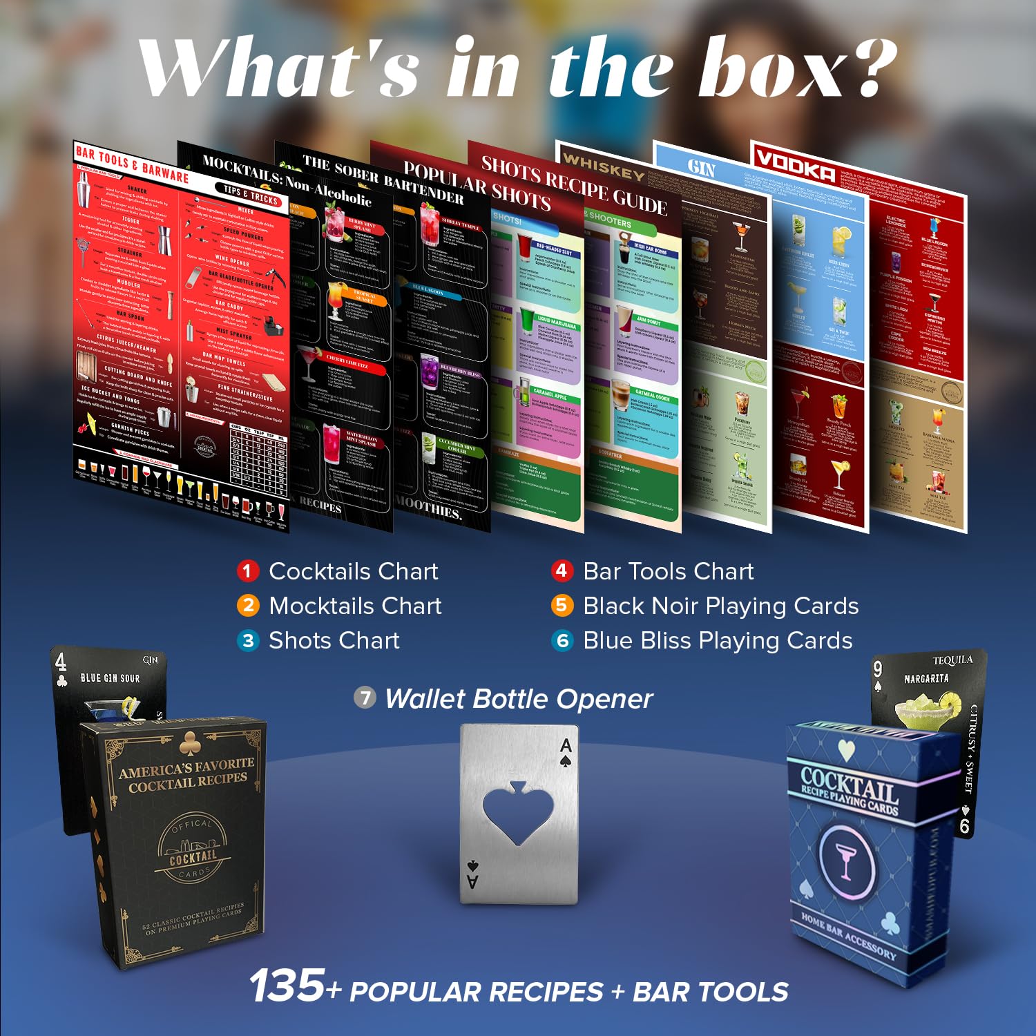 Gift Set 120+ Cocktail Drinks, Smoothie Recipes, Mocktails Non-Alcoholic Drinks & Gifts for Mixologists. 1 pk Blue + 1 pk Black Decks + Drink Guides