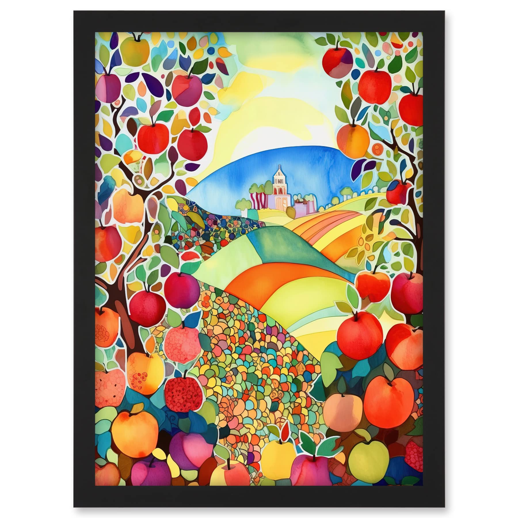 Artery8 Apple Tree Orchard Fields In Summer Folk Art Landscape Watercolour Painting Artwork Framed A3 Wall Art Print