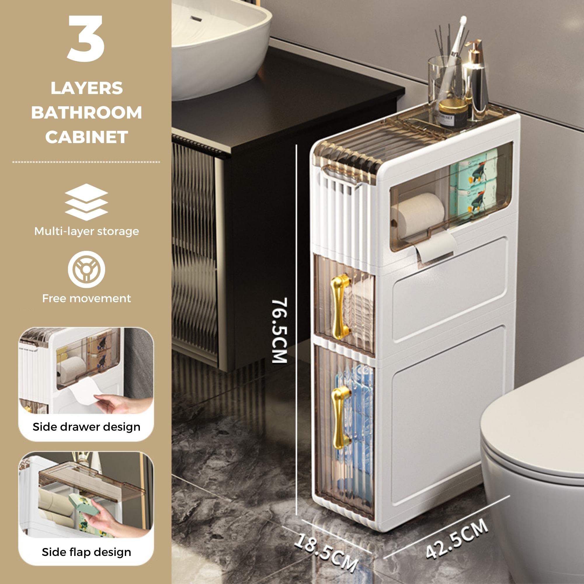 MAGIC SELECT Schmaler Badezimmer-Organizer. Hilfsschrank mit Rädern für Enge Stellen. Beistellschrank mit 3 Kompakten Schubladen für Toilettenpapier, Waschmittel, Badaccessoires.