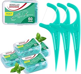 Floss Picks, 300 Count Mint Dental Floss Picks, Toothpicks with 5 Travel Cases for Extra Convenience, Helps Prevent Cavities, Remove Plaque & Freshen Breath, Premium Floss Sticks for Family