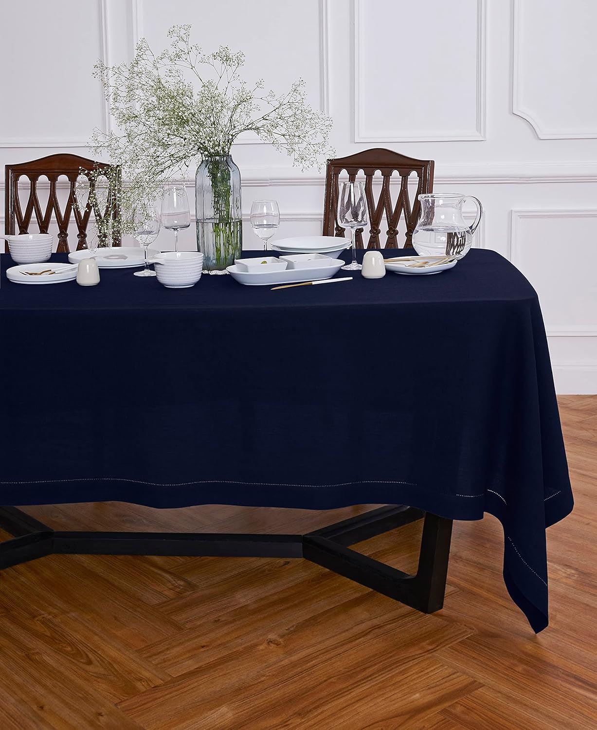 Solino Home Linen Tablecloth 70 x 90 Inch - Sonoma Hemstitch 100% Pure Linen Indigo Navy Table Cloth for Rectangle Tables - Machine Washable Tablecloth for Winter, Mothers Day