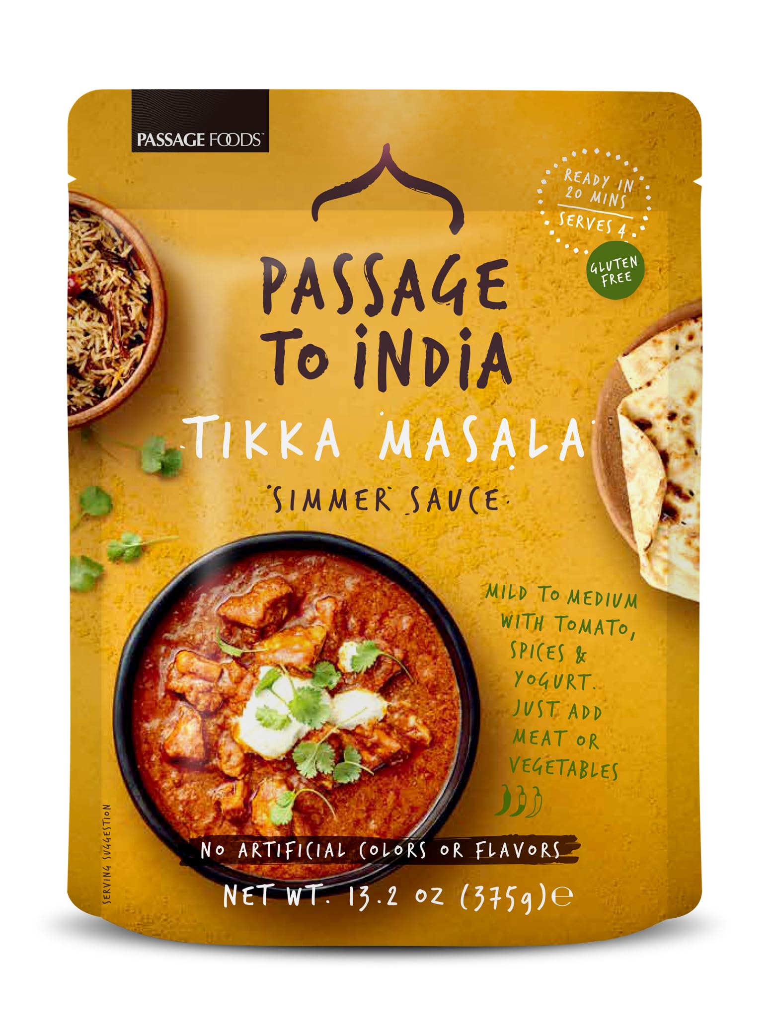 Passage to India Ready to Eat Meals - Tikka Masala Simmer Sauce - Authentic Indian Food - Prepared Meals Under 20 Minutes - Gluten Free (375g)