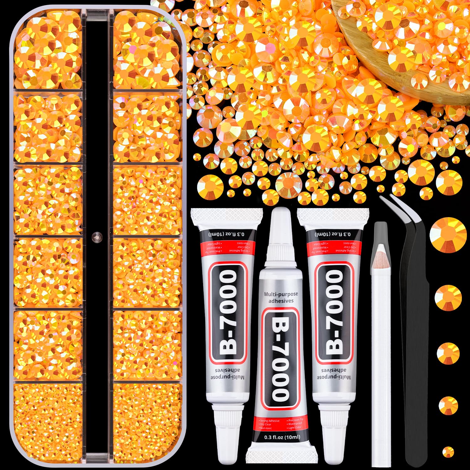 TINKRSTUFF Resin Jelly Rhinestones with B7000 Glue, Light Orange AB Flatback Crystal Set, 12 Grids Mixed Sizes | Bedazzling Gems for DIY Crafts - main product image