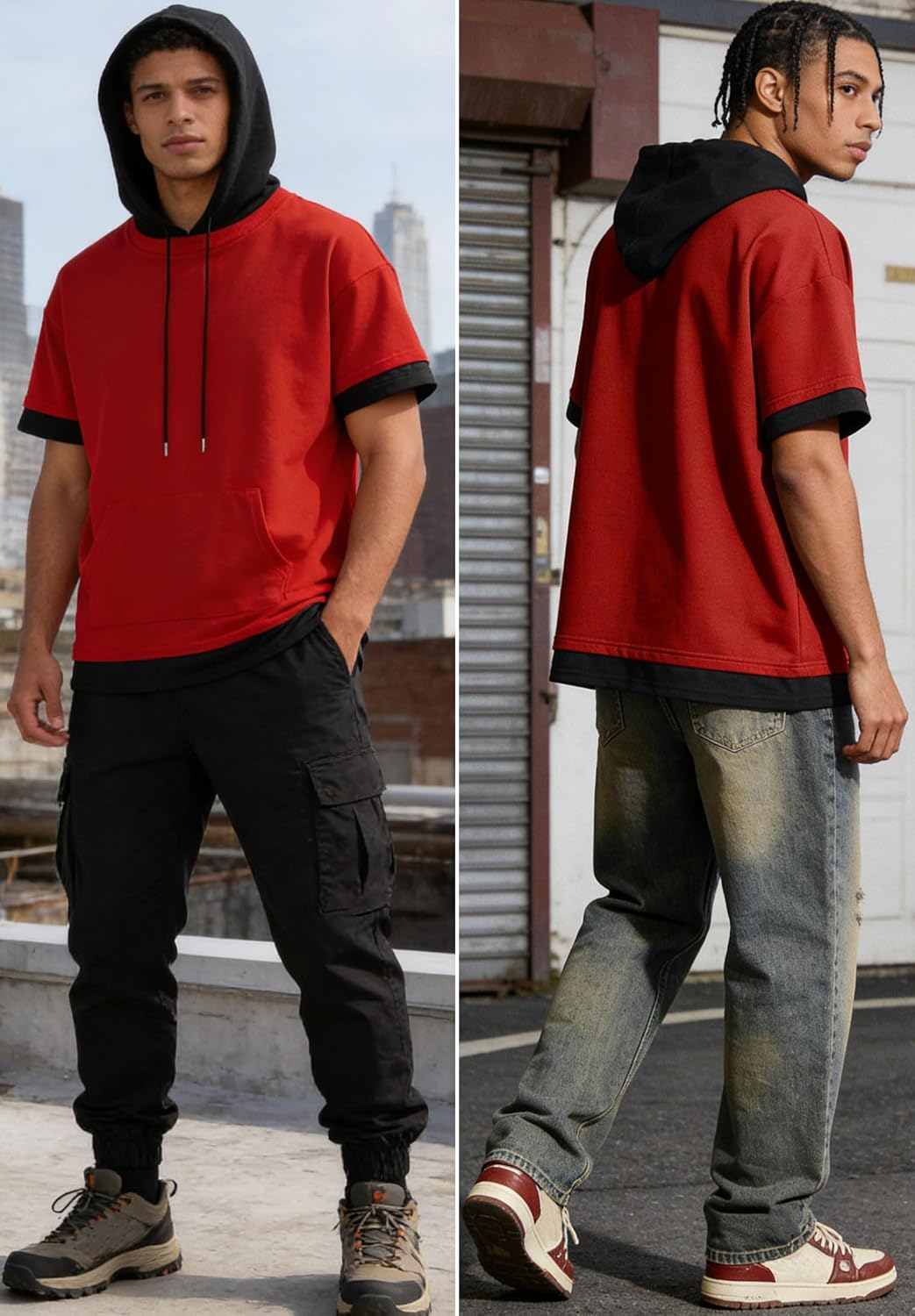 Mens Short Sleeve Hoodie Soft Cotton Lightweight Moisture Wicking Big Pocket Streetwear Short Sleeve Sweatshirt
