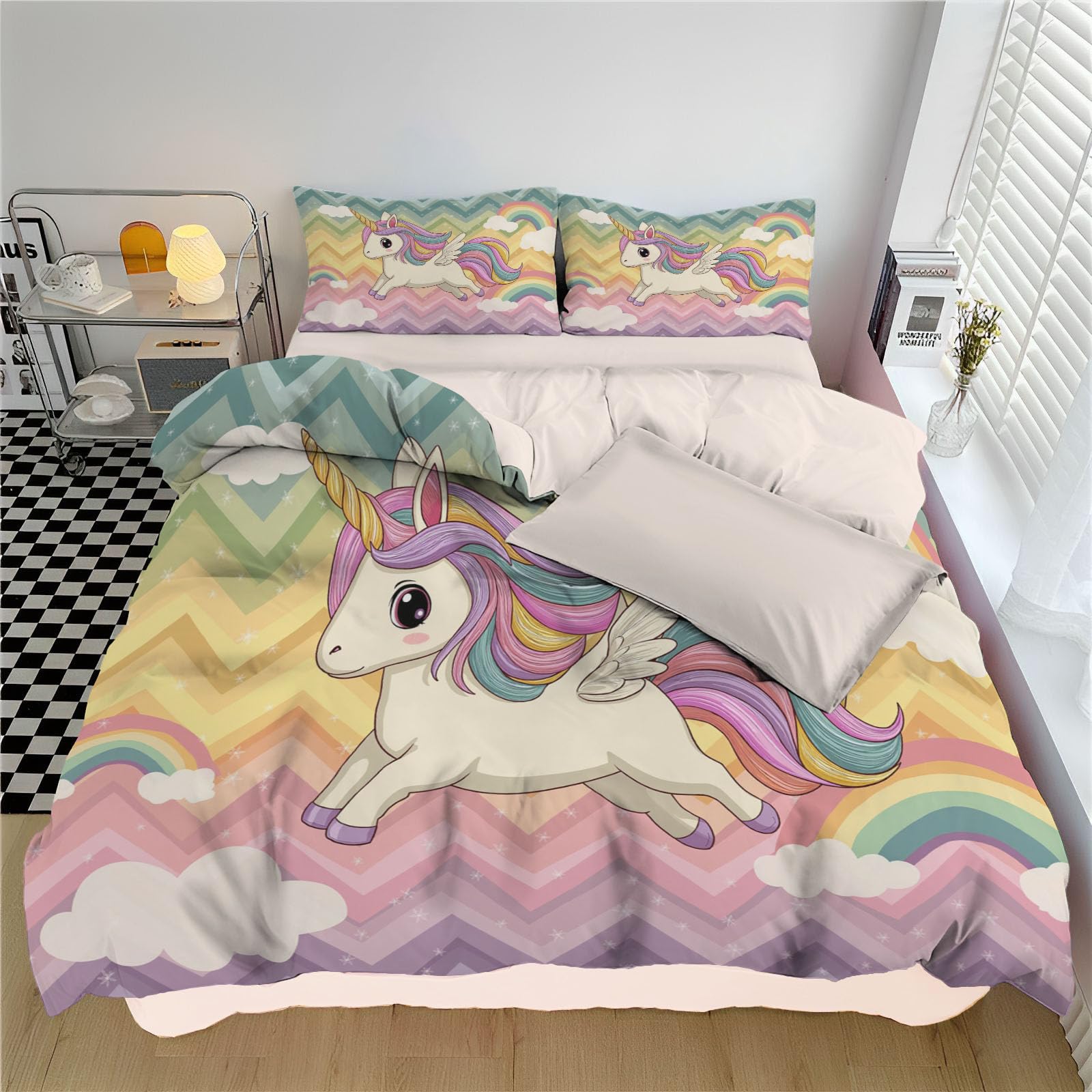 Parure de lit 2 personnes arc-en-ciel microfibre et housse de couette licorne 140x200