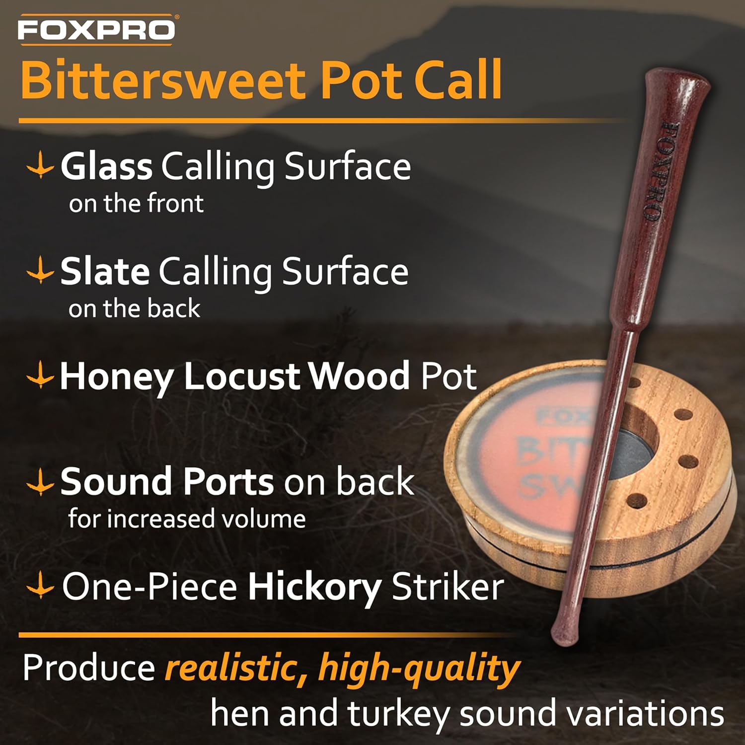 FOXPRO Bittersweet Pot Glass and Slate Turkey Call for Hunting Two-Sided Turkey Pot Call Honey Locust Wood Pot and One-Piece Purple Heart Striker