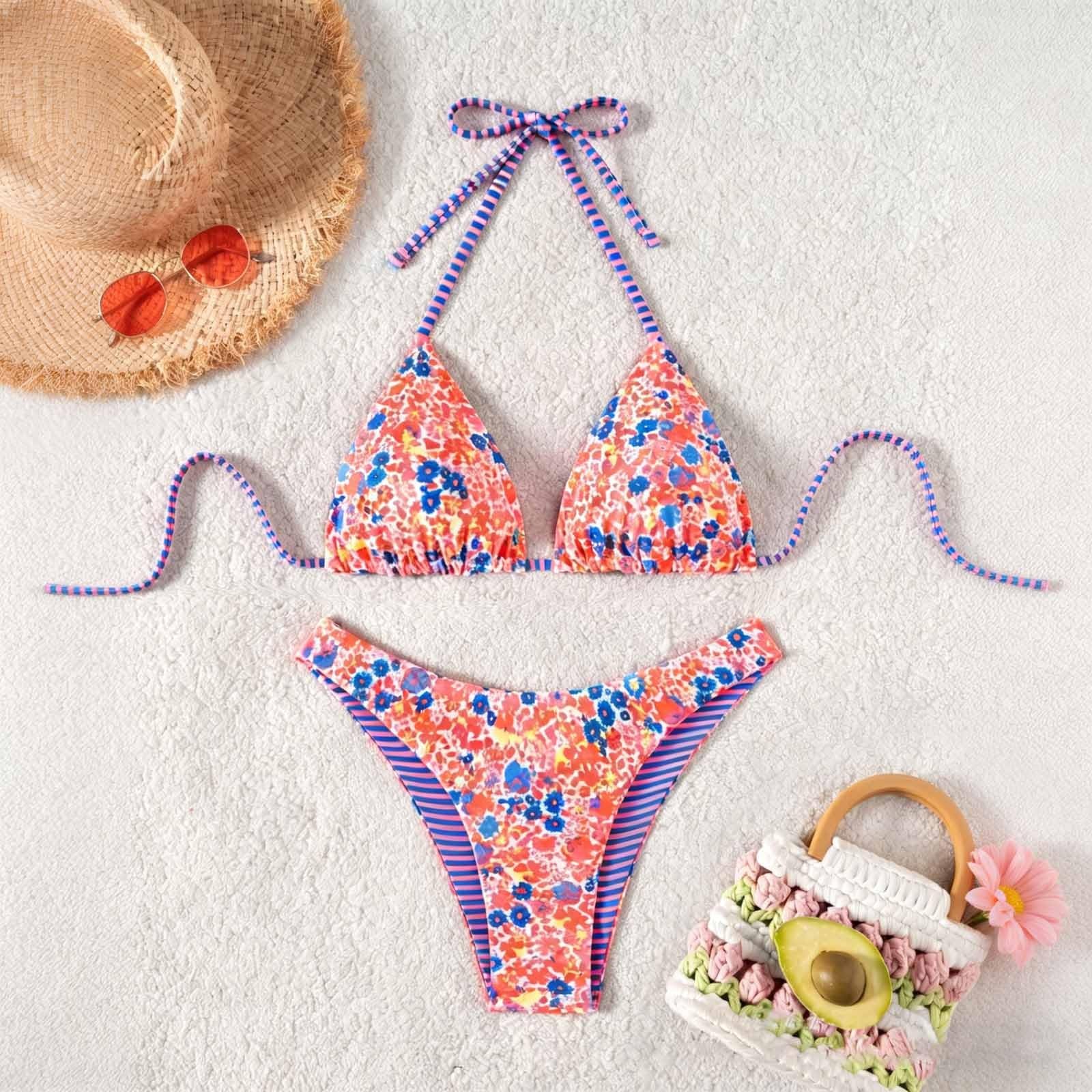 Generisch Bikini da donna, costume da bagno, costume da bagno, bikini da donna, due pezzi, con simpatico motivo reversibile, parte superiore e inferiore, per vacanze al mare