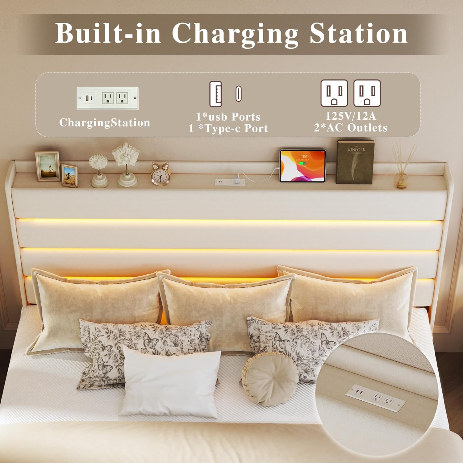 King Bed Frame with 2 Storage Drawers, Velvet Upholstered Bed Frame King Size Upholstered Headboard with LED Light & Charging Station, Platform Bedframe with Metal Slats, No Box Spring Needed, White