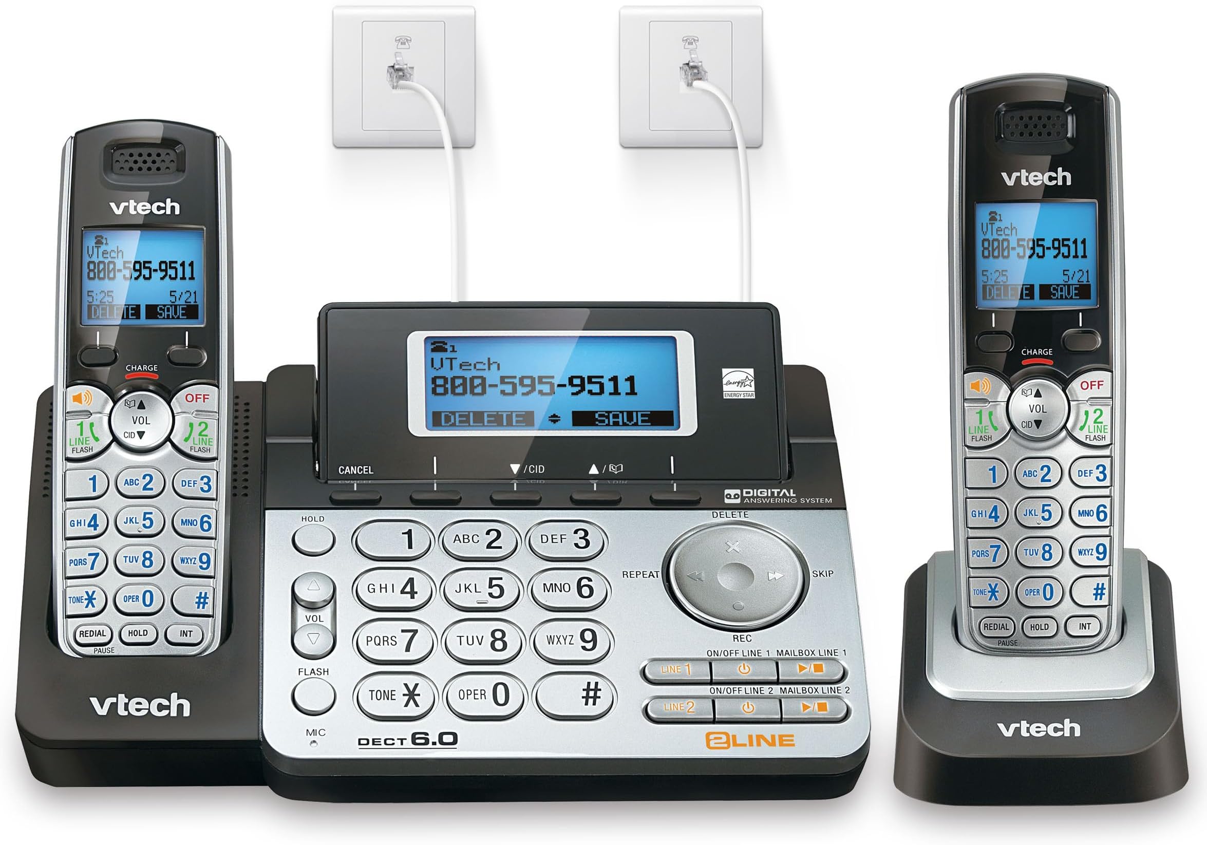VTech VTech DS6151-2 2 Handset 2-Line Cordless Phone System for Home or Small Business with Digital Answering System & Mailbox on Each line, Silver