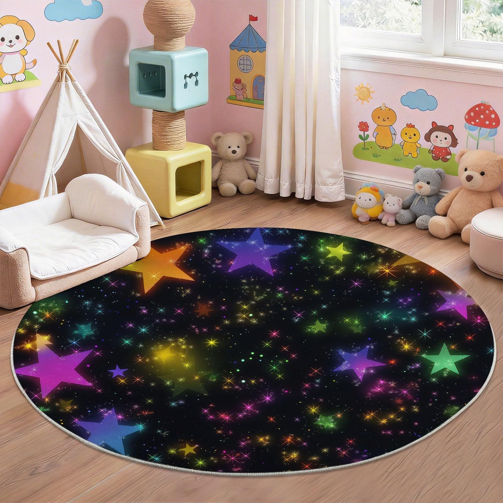 Tapis Rond pour Chambre Enfant, Tapis Rond Galaxie Fantaisie pour Garçons Filles Design Ciel Nocturne Étoilé Dégradé, Lavable et Antidérapant pour Espace de Jeu, Multicolore Dimension:100 cm