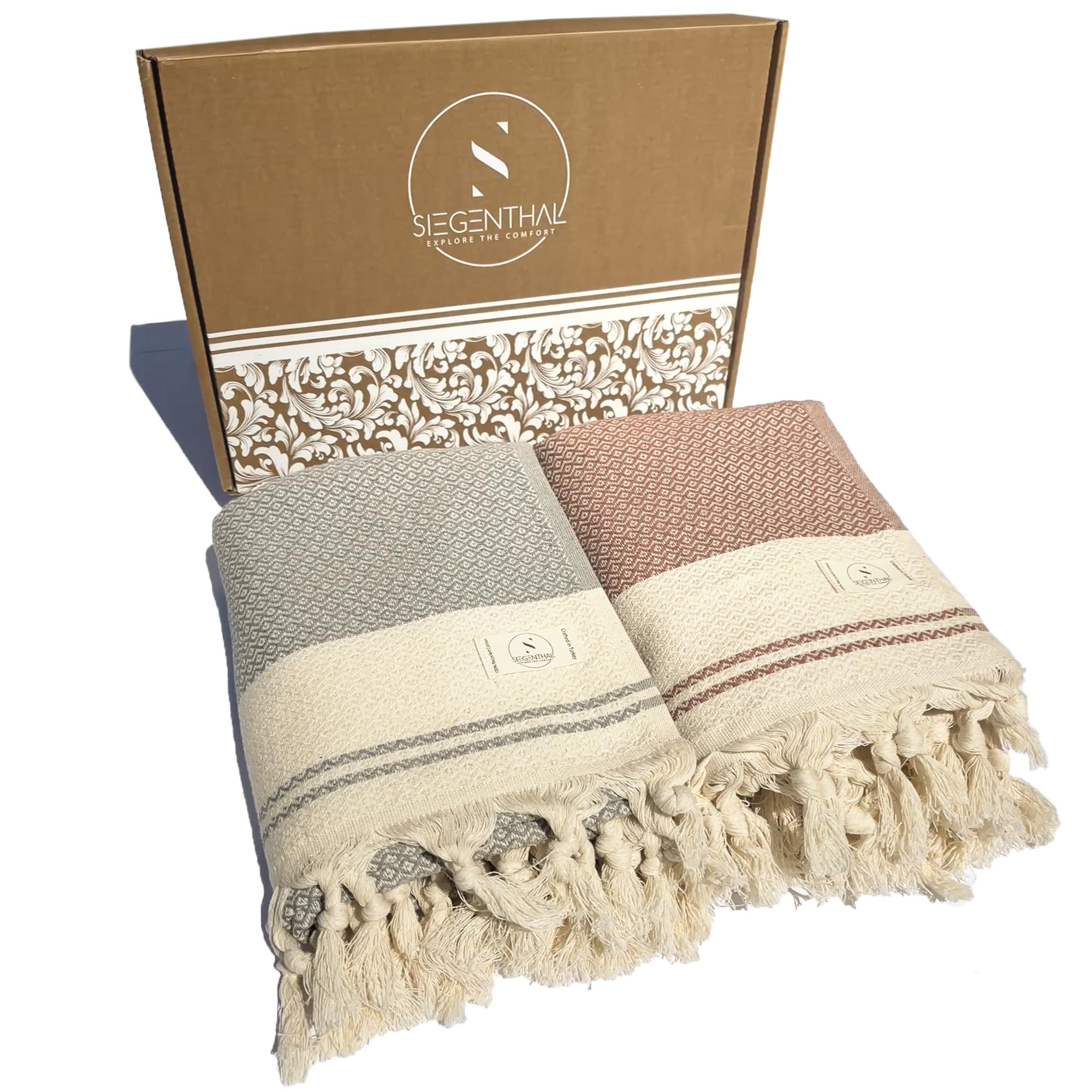 Toallas de hammam en pack de 2 unidades hechas de algodón reciclado de 90x200 cm en gris y rojo