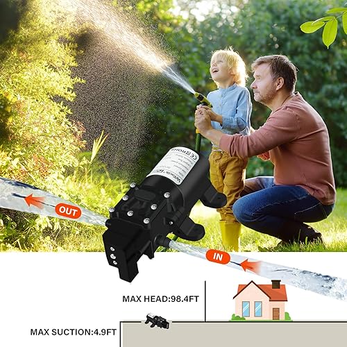 Miniatura 5 de Bomba de agua DC 12V, bomba de diafragma de 1GPM 4LMin Interruptor de presión integrado con 2 abrazaderas de manguera para bombear agua