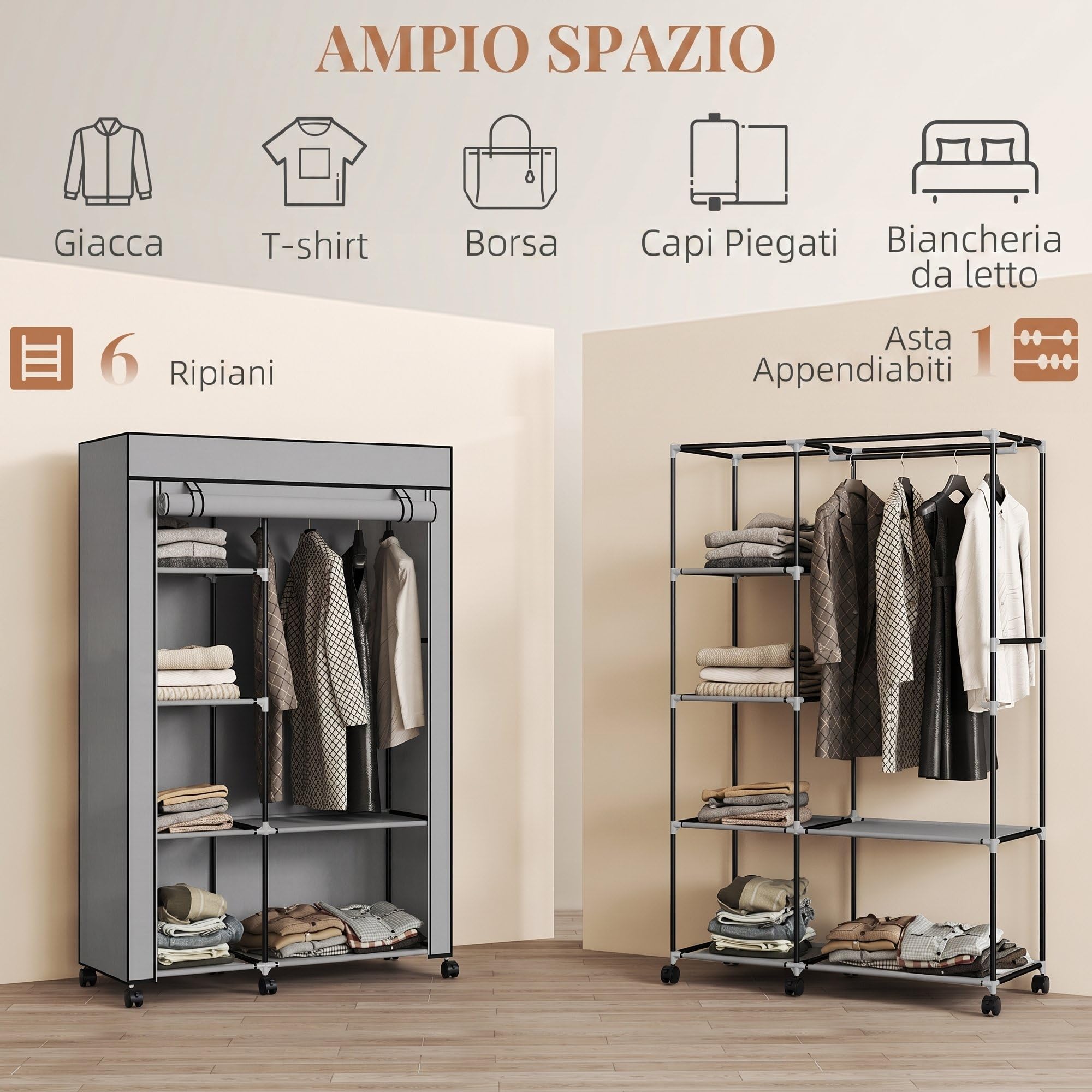HOMCOM Armadio Portatile con 6 Ripiani Aperti 103x43x162.5 cm Grigio Chiaro | Tessuto non Tessuto, Acciaio e PP, Armadio Guardaroba Salvaspazio, 1 Appendino, Porta a Cerniera