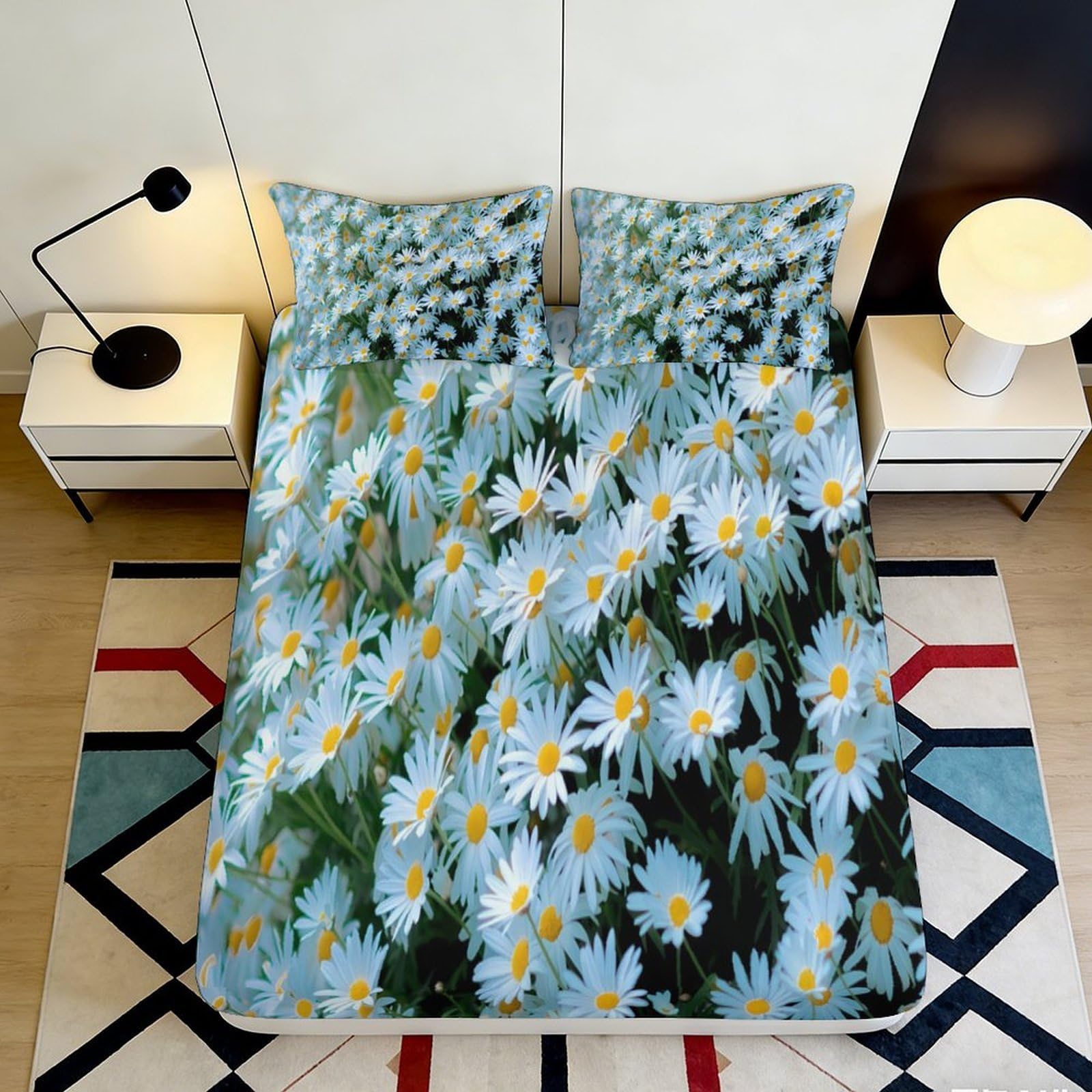 3D Printed Daisy Meadow Fitted Sheet Microfiber Soft Floral Spring Mattress Cover for Bedroom Guest Room Decor 90x200x25cm