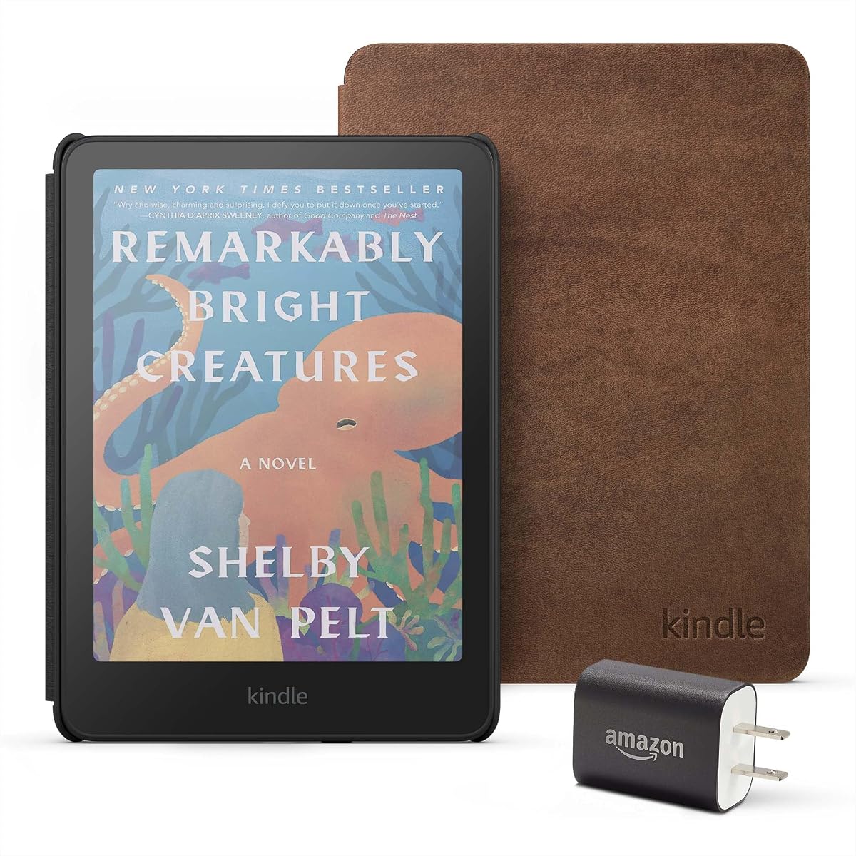 Amazon Kindle Colorsoft Essentials Bundle including Kindle Colorsoft (16 GB) – With color display - Black, Premium Leather Cover-Walnut and Power Adapter