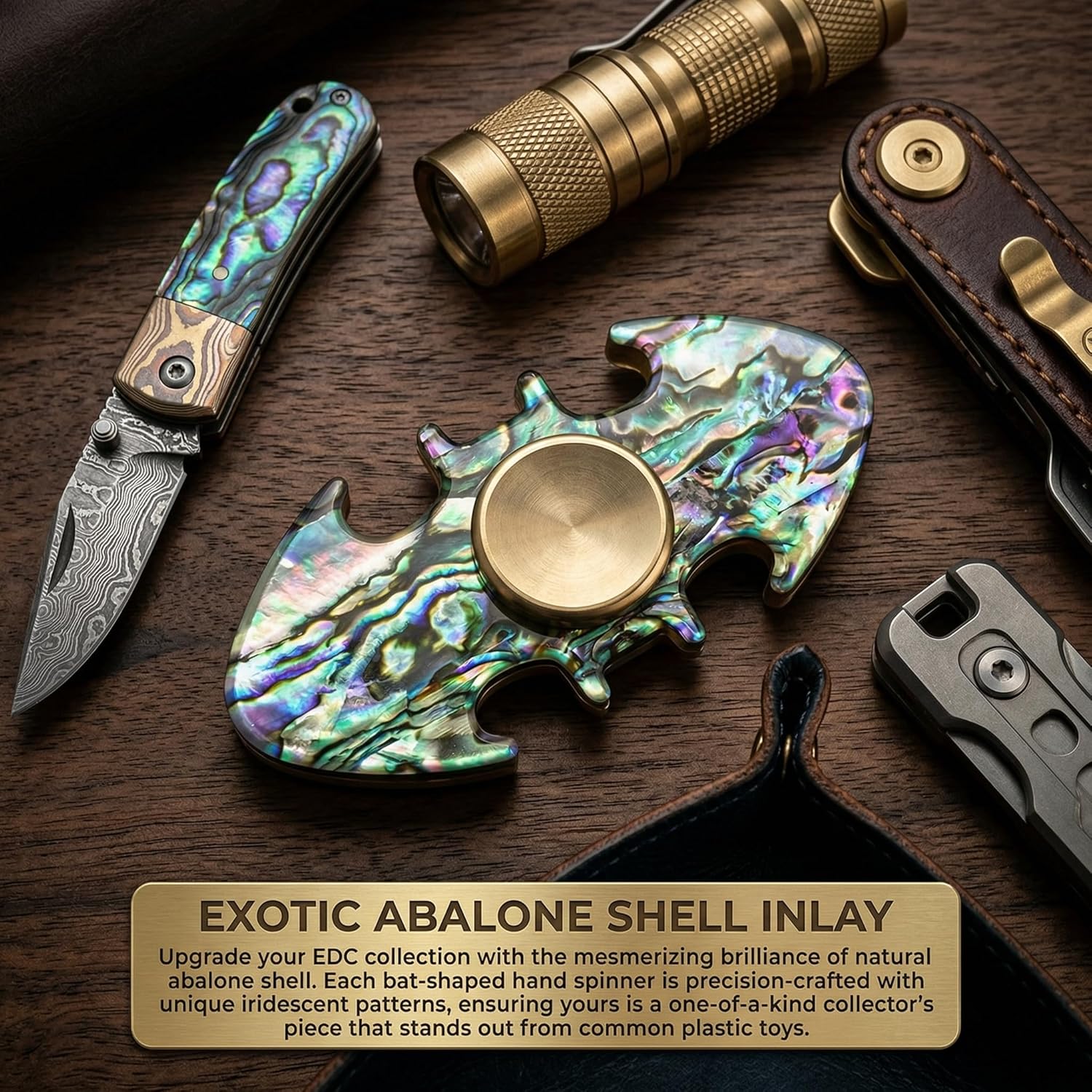 Metal Fidget Spinner, Unique Abalone Shell & Brass Bat Hand Toy, Cool EDC Desk Gadgets for Men Adults, 360 Degree Rotation Focus Toy, Precision Machined Collectible, 60g 6cm