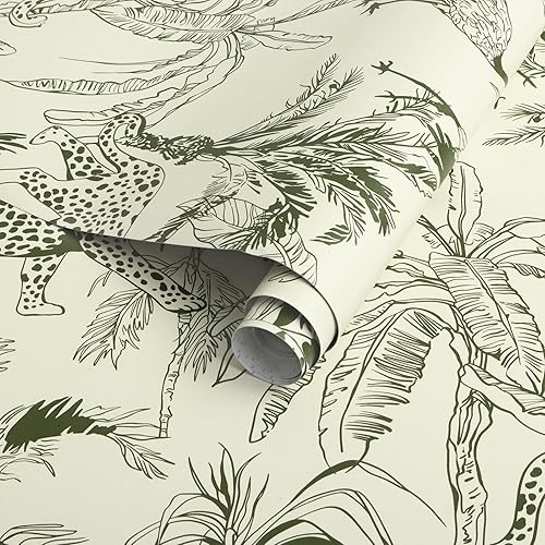 Miniatura 5 de Fiula Papel tapiz autoadhesivo de bosque de 197 x 17.3 pulgadas, papel adhesivo beige y verde, papel tapiz tropical para dormitorio, impermeable,