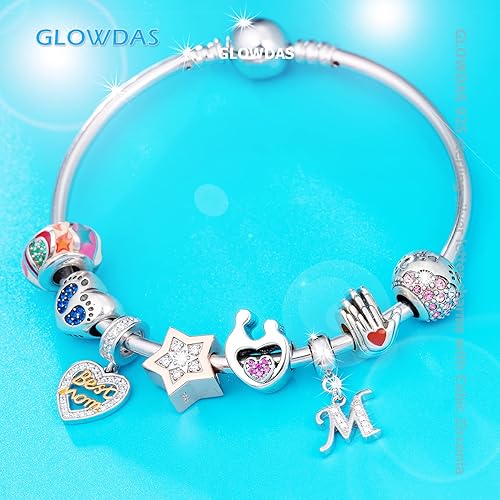 Miniatura 4 de GLOWDAS Dijes de 26 letras con inicial del alfabeto A-Z, compatible con pulsera europea de bricolaje, plata de ley 925 con dijes de circonita