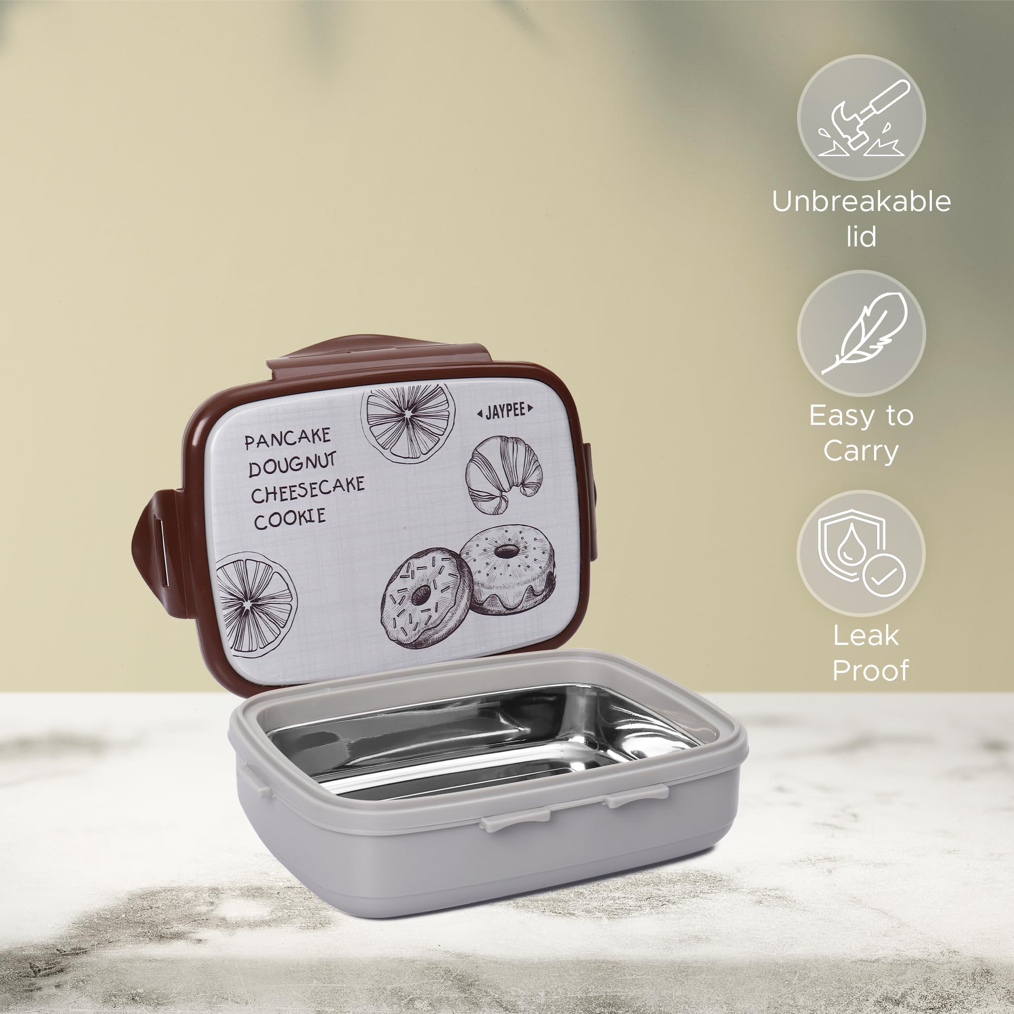 JAYPEE Ecosteel Jr. Kid's Insulated Inner Stainless Steel Tiffin Box Leak-Proof, Airtight Lunch Box with One Container and Spoon, Lunch Box for School & Office, 550ml Grey - Image 4 thumbnail