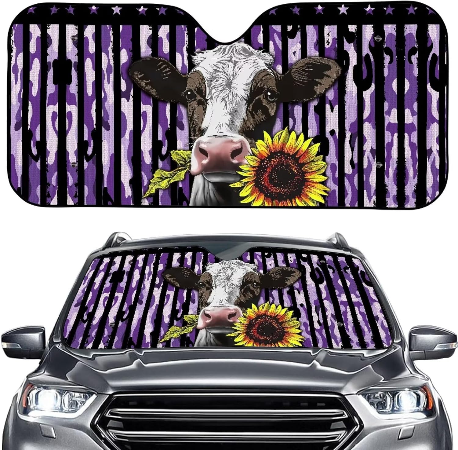 Sunflower Car Windshield Sun Shade Foldable, Cow Print Sunshade for Front Windshield, American Flag Windshield Sunshade Reflective Fabric Blocks Sun and Keeps Your Vehicle Cool