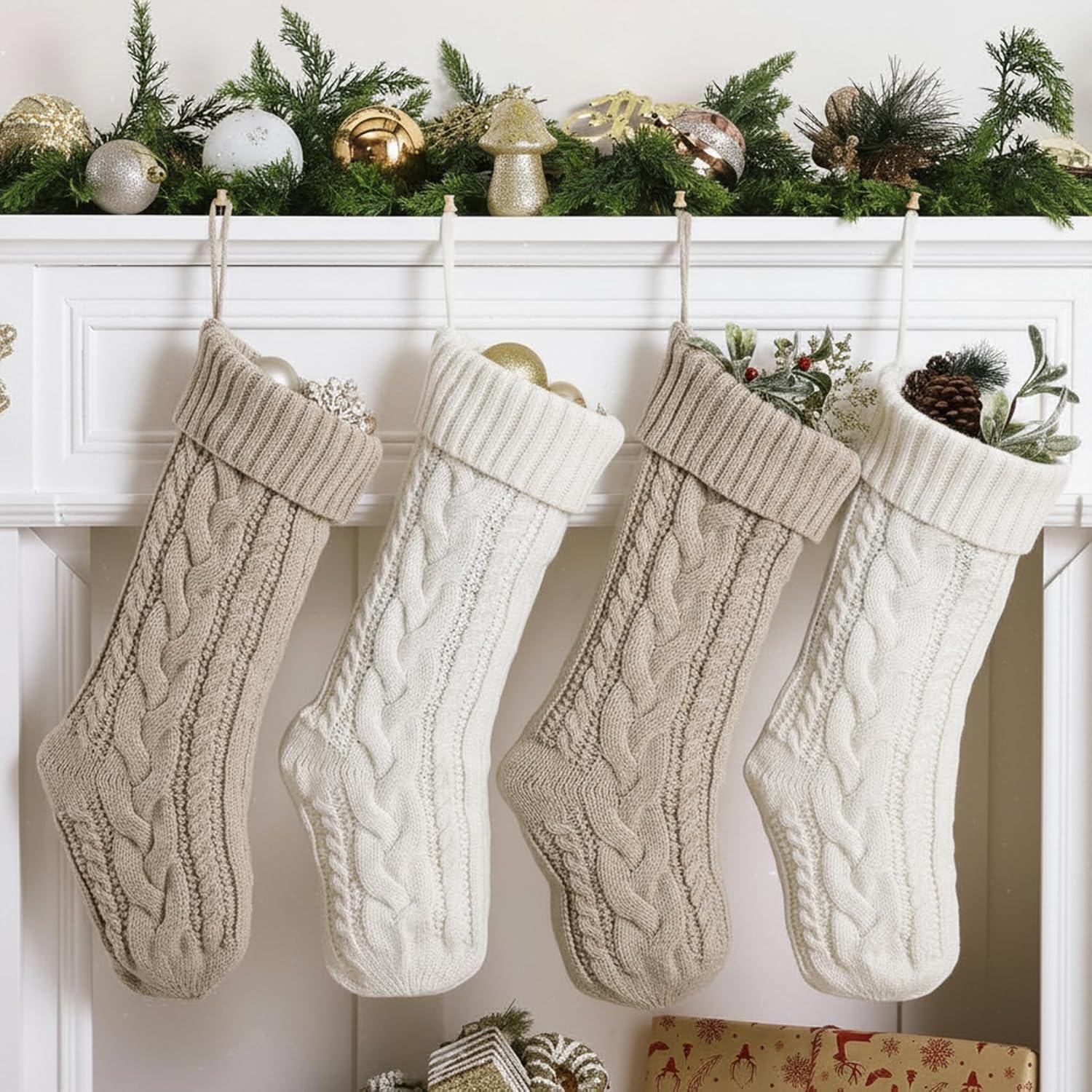 ELEGANTPARK Christmas Stockings 4 Pack Knitted Flaxen White Christmas Stockings Large Xmas Decoration for Holiday Fireplace Hanging Holiday Decoration for Family Kids Xmas 18 Inch
