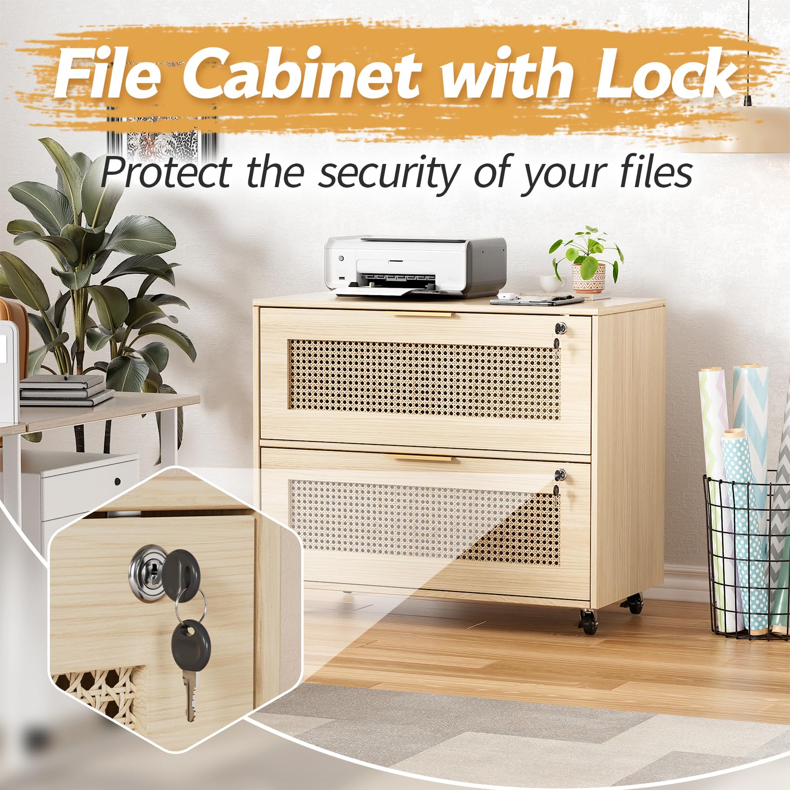 MSFE Mueble Archivador con 2 Cajones para Documentos Archivador Móvil para Archivos A4/B5/F4 Cajoneras Escritorio con Estante Ajustable Armario Archivador Móvil con 4 Ruedas para Oficina 79x40x67.5CM