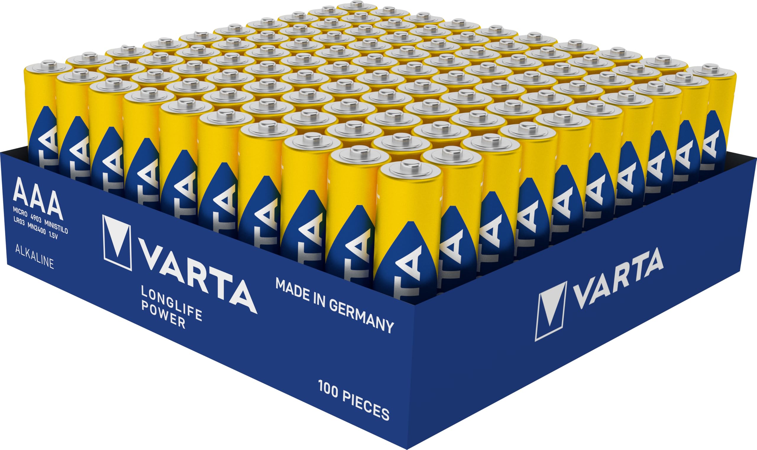 Varta Lot de 100 piles alcalines Micro AAA LR03 15 V Longlife Power Tray