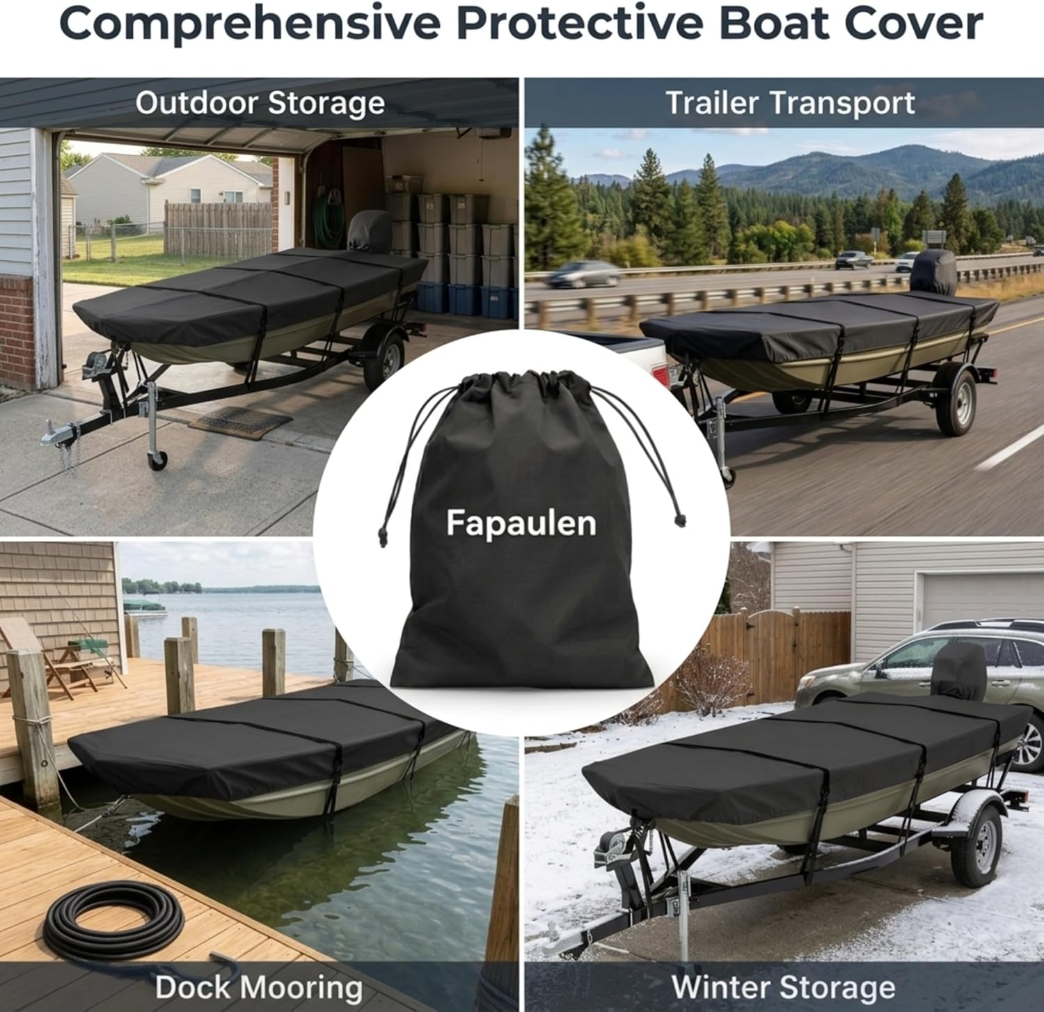 Jon Boat Cover 14-16 ft, Heavy Duty Trailerable Boat Cover with Metal Buckles for Jon 14' 15' 16' Beam Width up to 75", 1200D Waterproof Oxford with Motor Cover, Vents,Black
