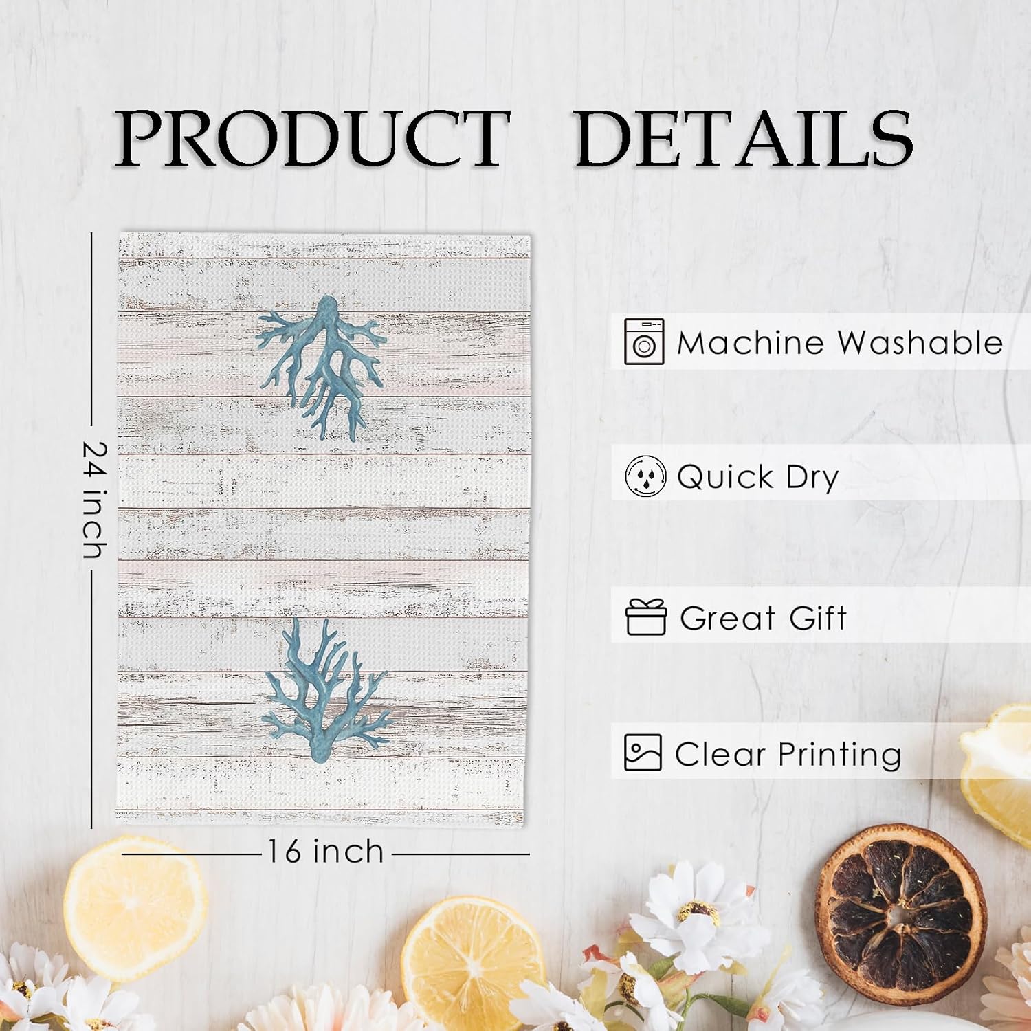 Beach Coastal Kitchen Towels and Dishcloths Set of 4, Lake House Nautical Beachy Dish Towels, Starfish Seahorses Coral Seashell Decorative Hand Tea Towel for Bathroom Kitchen, 16x24 Inches