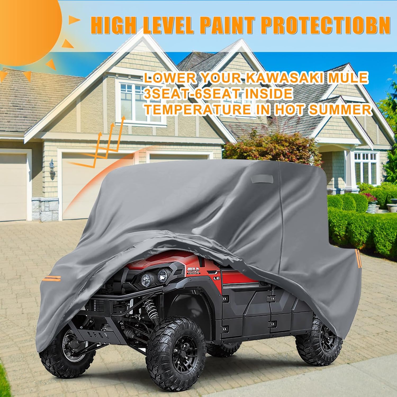 Waterproof UTV Cover Compatible with Kawasaki Mule 3-6 Seats, 6 Layers All Weather Cover with Air Vents, Door Zipper and Windproof Buckles and Bands for Rain Snow Dust Protection
