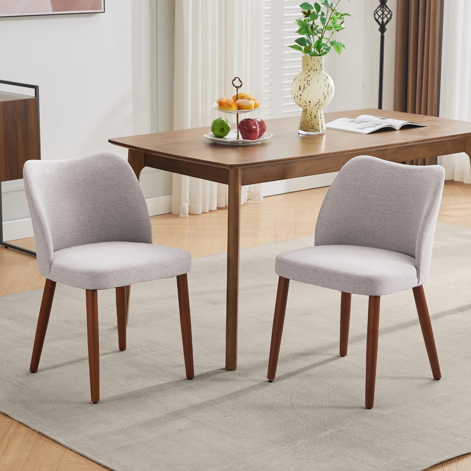 AffinityFurn Wooden Dining Chairs Set of 2, Modern Kitchen Chairs with Backrest & Wooden Legs, Upholstered Fabric Armchairs for Living Room, Dining Room, Lounge, Light Grey