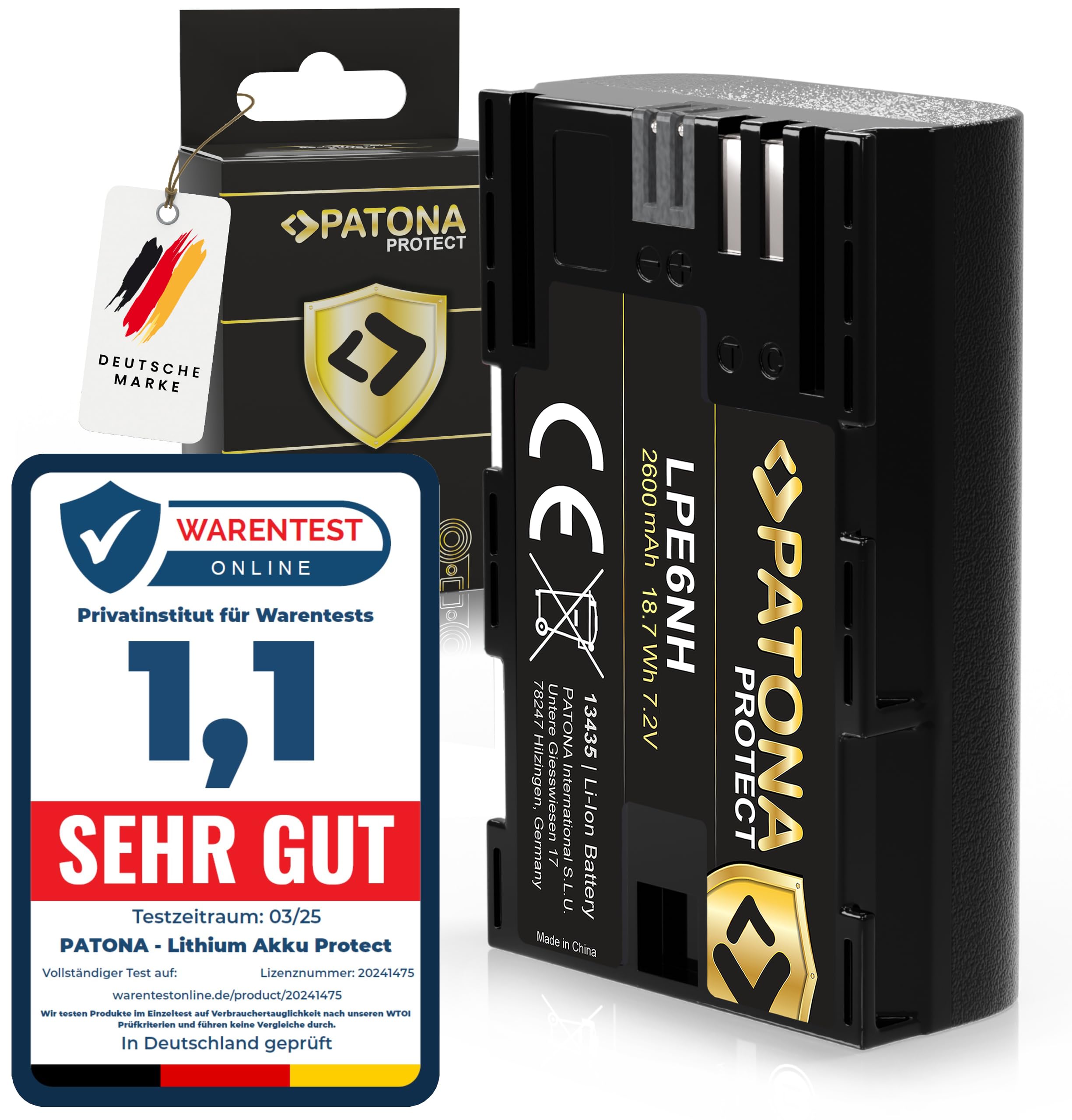 PATONA Protect V1 LP-E6NH pil 2250 mAh 16.2 Wh 7.2V kaliteli pil, NTC sensörlü ve V1 muhafazalı, akıllı sistem, en yeni nesil