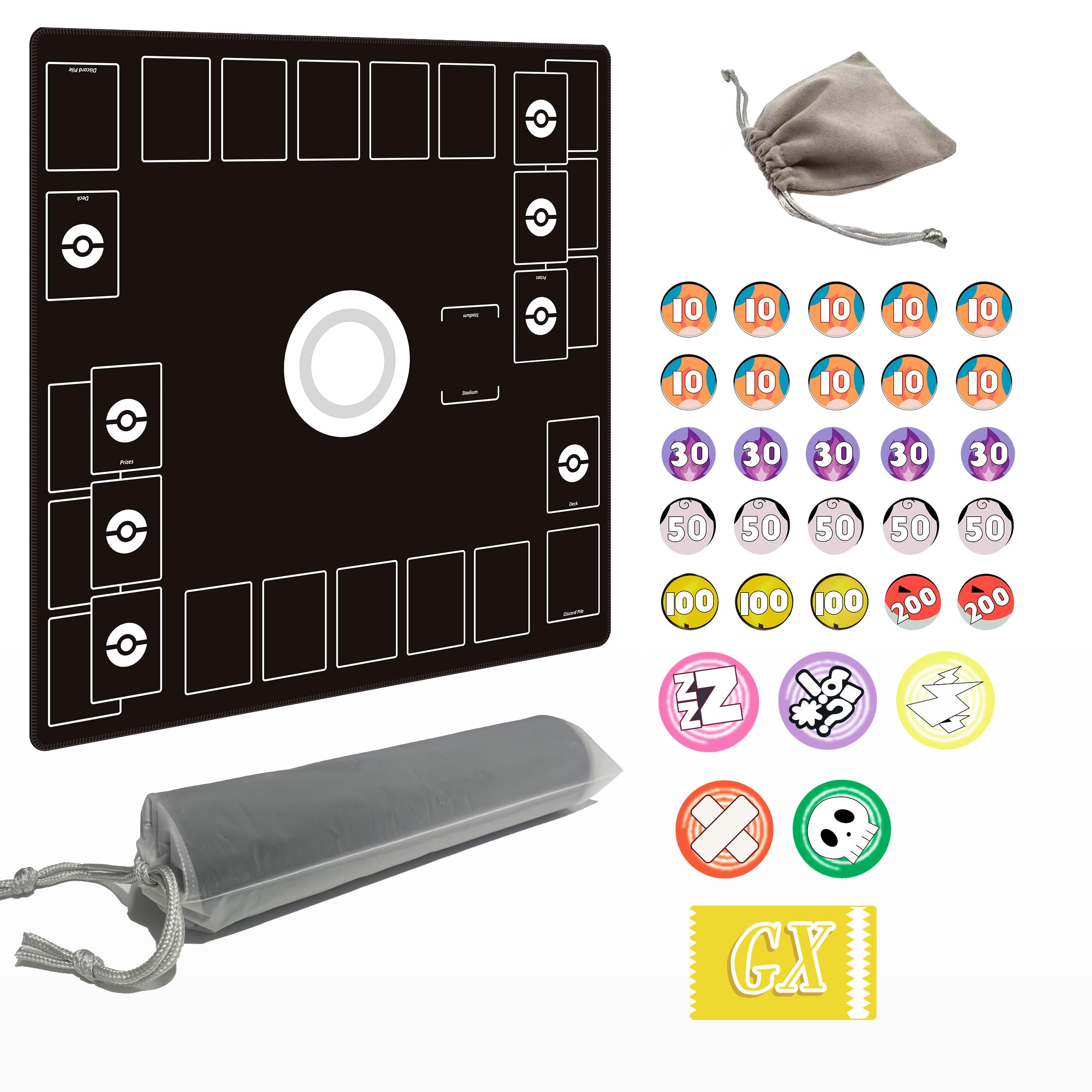 Extalas Playmat for Trading Card Game – 2-Player Trainer Mat with Damage Counters and Professional Storage Bag (Black, Large)
