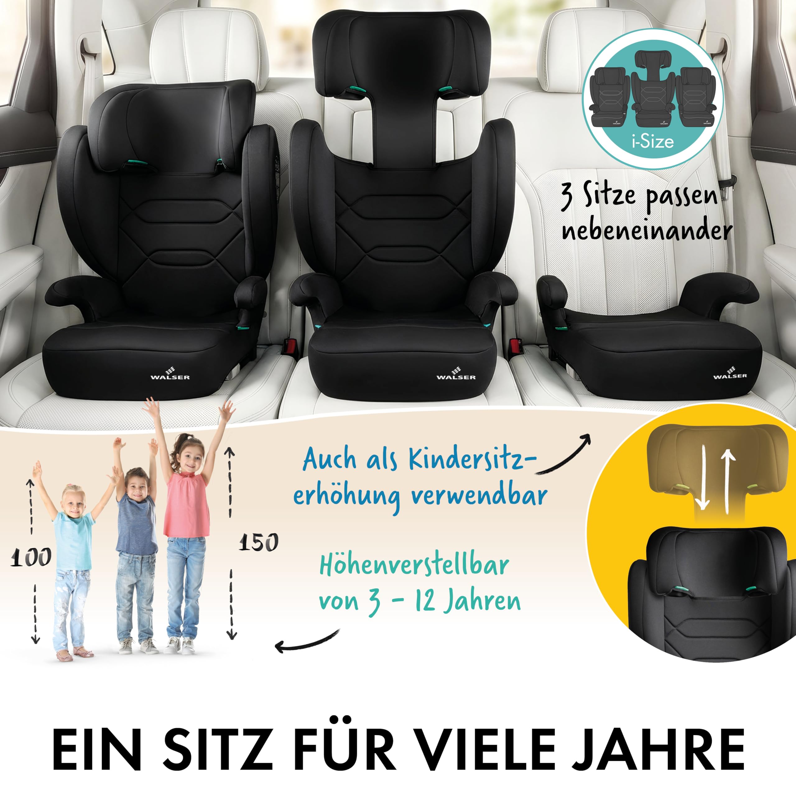 WALSER Premium Kindersitz Auto Numa 2in1 ISOFIX Kinder Sitzerhöhung abnehmbare Rückenlehne mitwachsende Kopfstütze 3-8 Jahre 100-150 cm ECE R 129 anthrazit