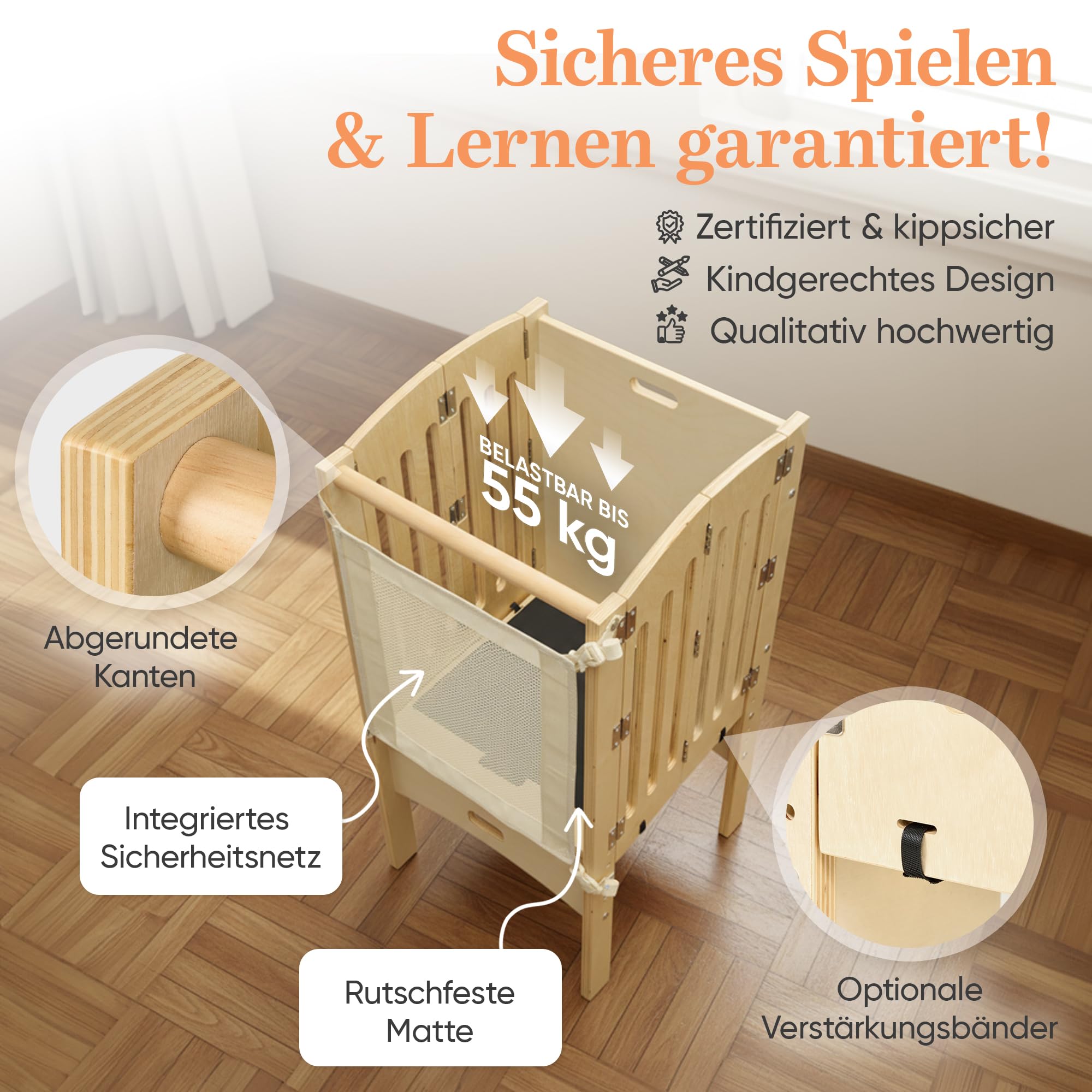 Lernturm ab 1 Jahr [FALTBAR] – Montessori Learning Tower, vormontiert, höhenverstellbar & extra sicher | Platzsparender Tritthocker für Küche & Alltag (Natural)