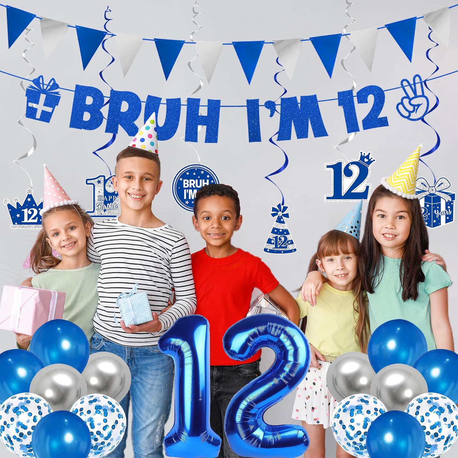 DARUNAXY 12th Birthday Party Decorations for Boys Girls, Blue Bruh I’m 12 Banner, 12 Number Balloons & Cake Topper, Sweet 12 Years Old Birthday Honeycomb Hanging Swirls Party Supplies
