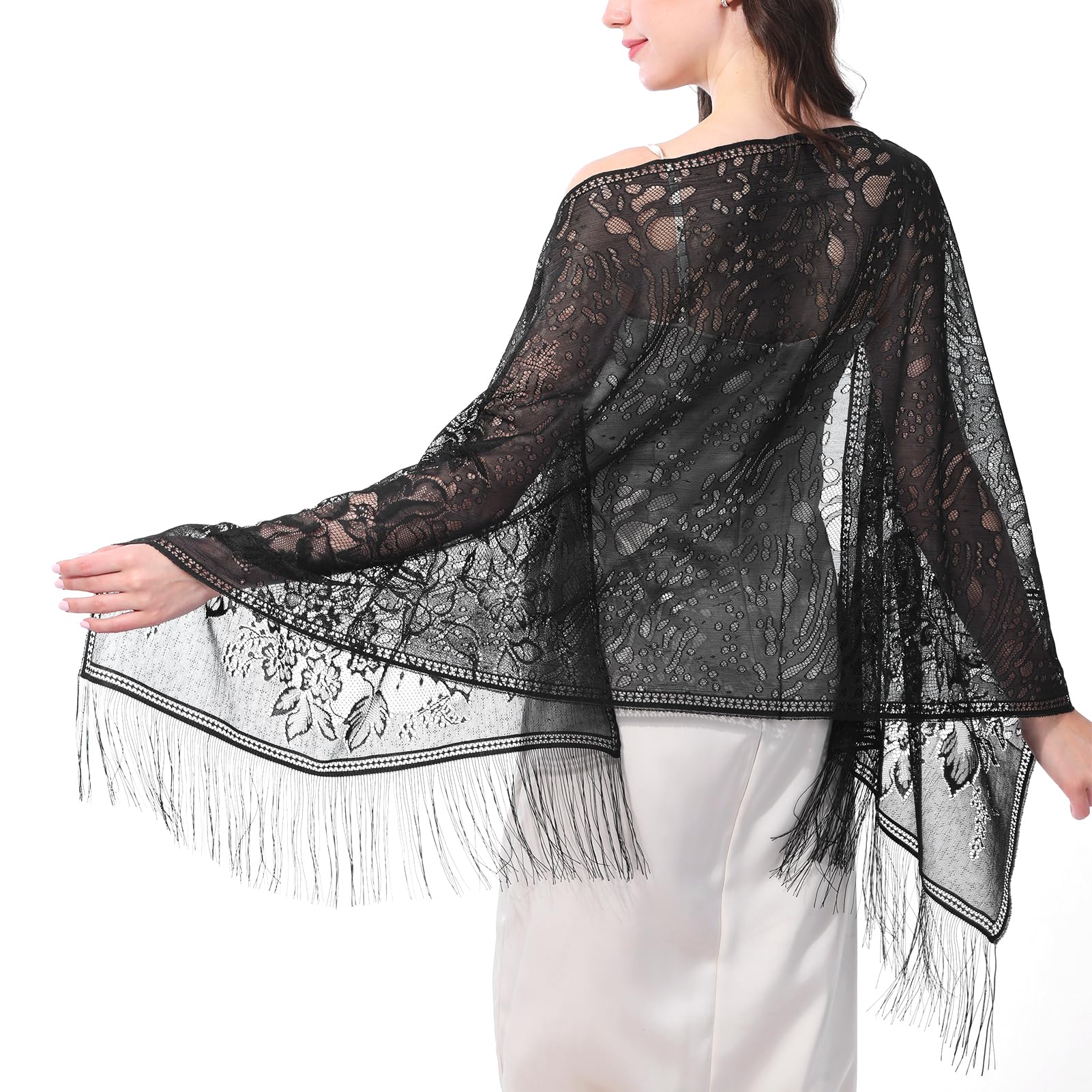 Ladiery Women's Floral Lace Shawl and Wraps with Tassels for Wedding Evening Party Dresses