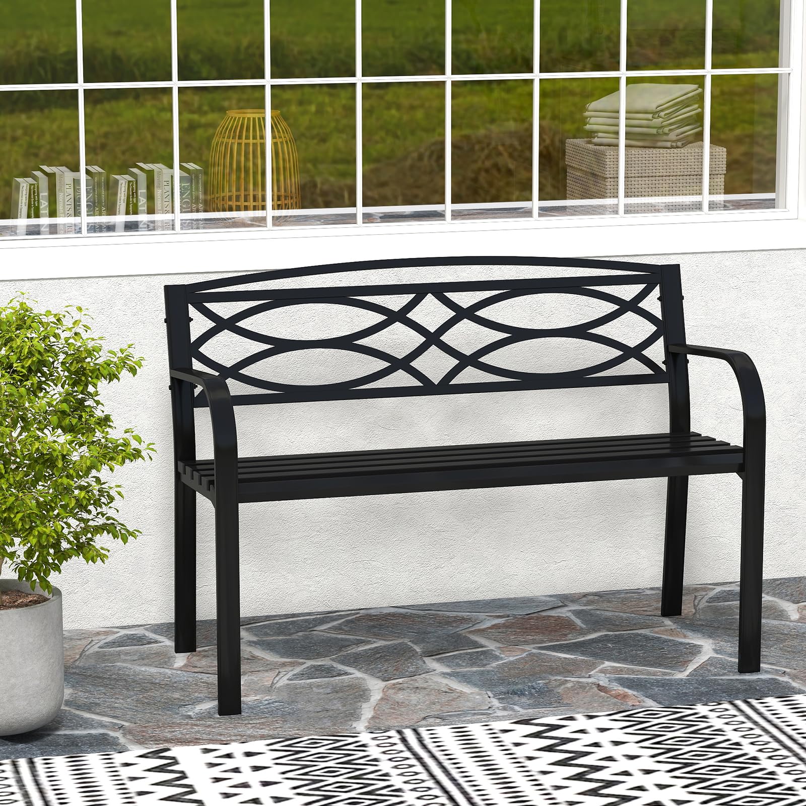 GOPLUS Banco de Jardín de Metal Resistente con Respaldo | Asiento con Listones y Reposabrazos Curvados para 2 Personas, Mueble de Exterior para Patio Trasero, Piscina, Porche y Parque