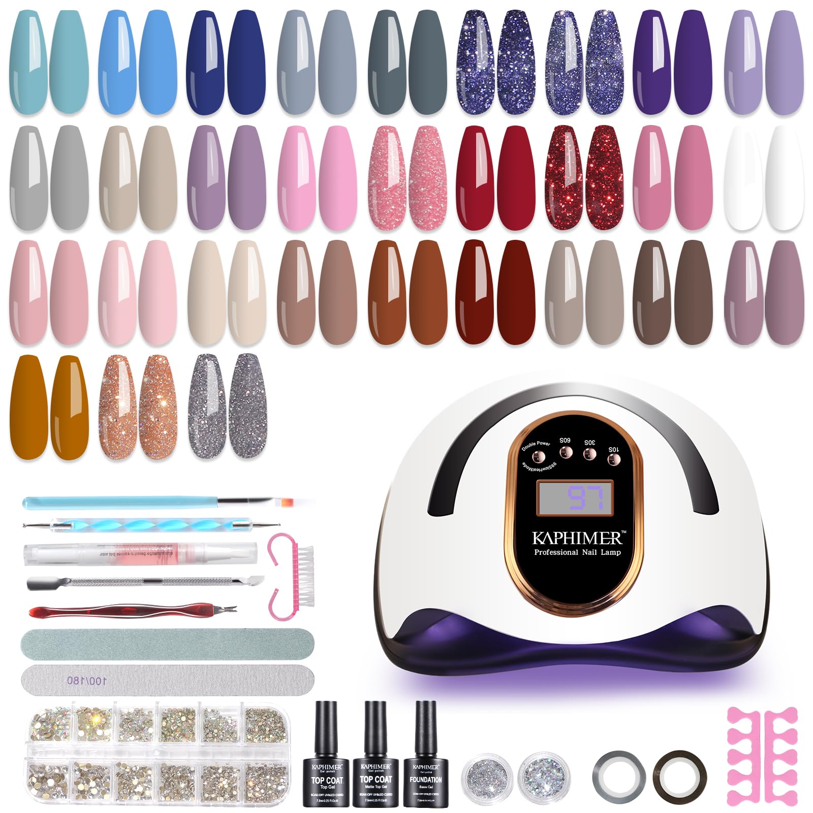 Gel Nail Polish Kit with UV Light 30 Colors Soak Off Nail Gel Polish with Glossy & Matte Base Top Coat Nail Lamp Kit with Manicure Accessory Tools (B-Nude)